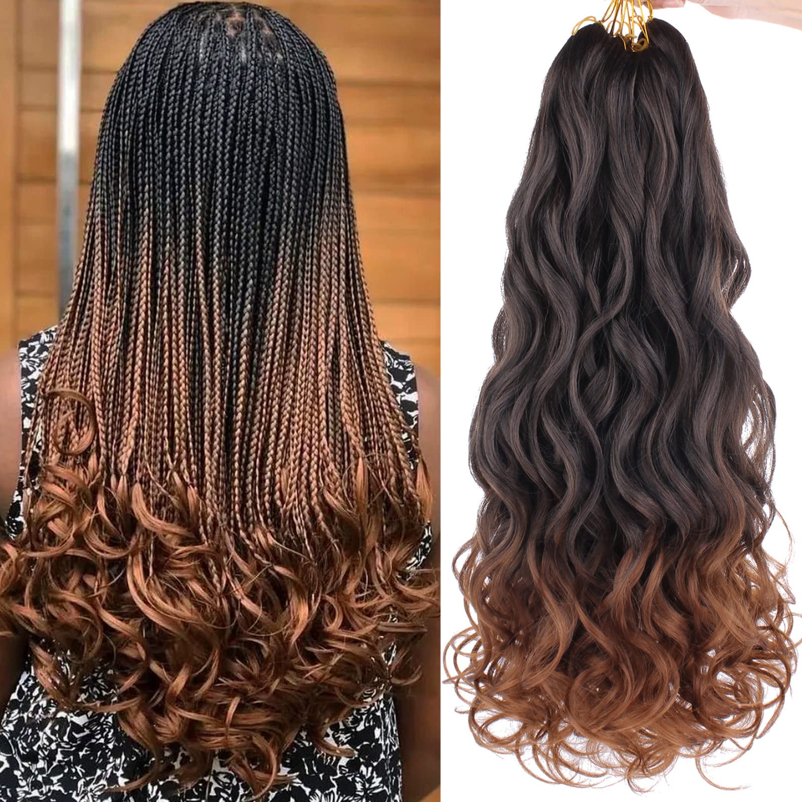 COOKOO 18 Inch 9 Packs Ombre Brown Spiral Loose French Curls Braiding Hair 65g/pack Bouncy Braids Hair Precurled Spanish Curls S