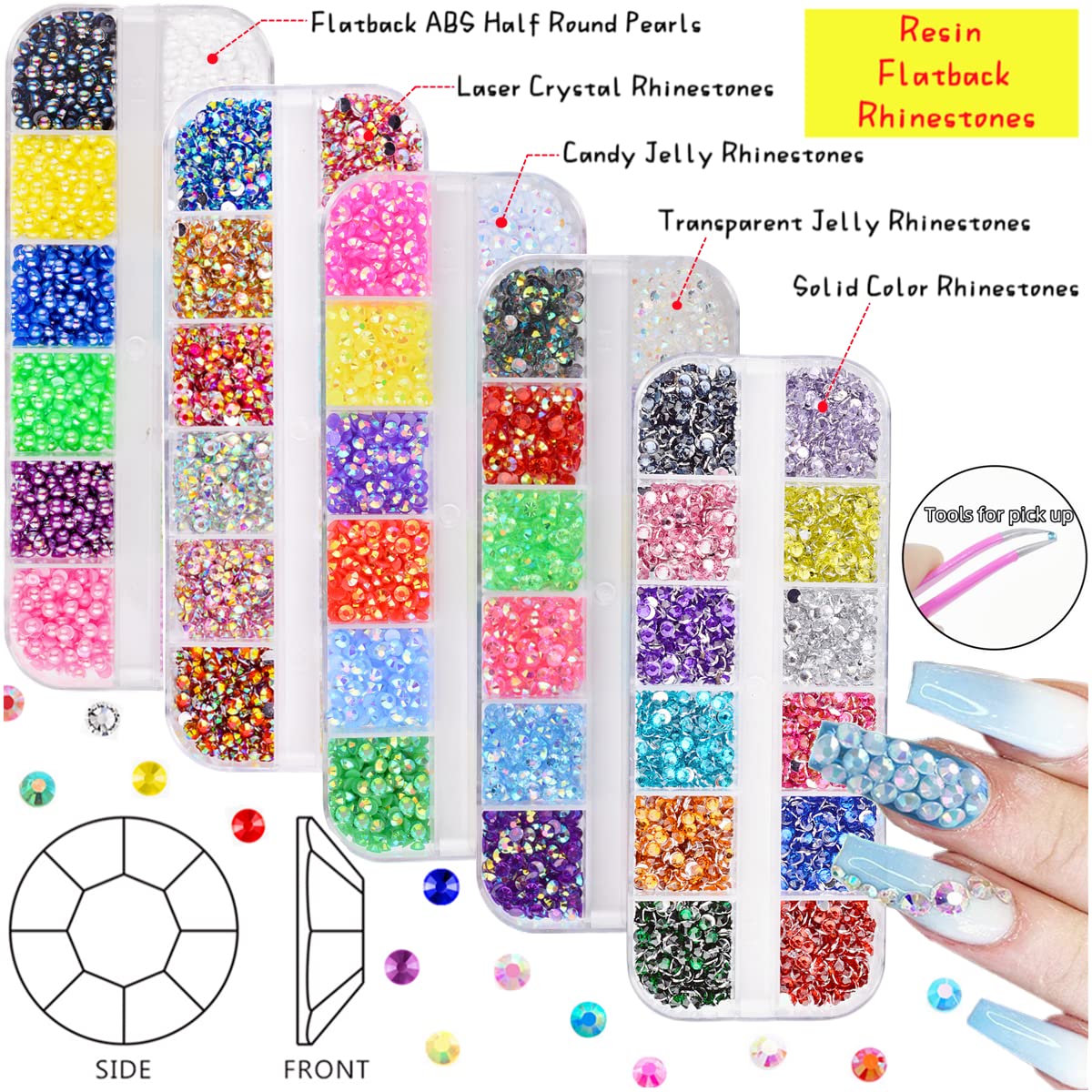 Edittime 5 Boxes Shiny Colorful Nail Art Rhinestones Kit Crystals Ab Flatback Jelly Mermaid Pearl Rhinestones Stones Gems With P
