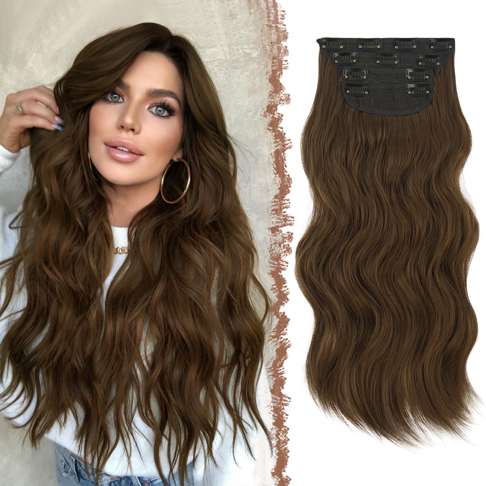 FESHFEN Clip in Hair Extensions - 4 PCS Long Wavy Thick Clip in Hairpieces Full Head Synthetic Hair Extension for Women, Chestnu