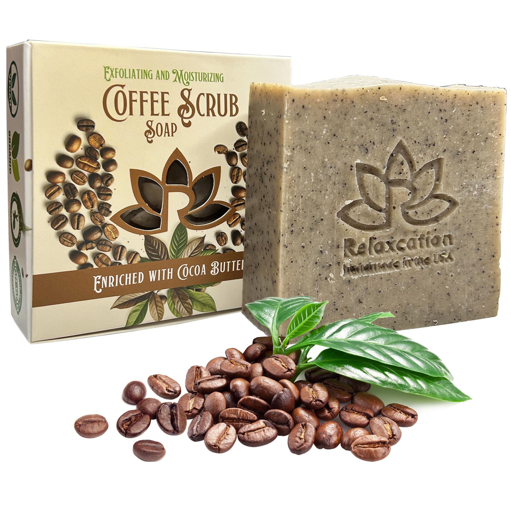Relaxcation 100% Coffee Scrub Soap Bar with Fresh Ground Coffee and Cocoa Butter  Scrub Cold Process Soap with Cafe Latte Aroma