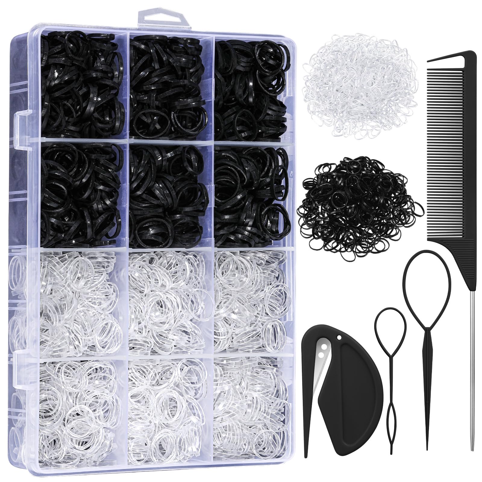 2200 Pcs Elastic Hair Bands with Hair Loop Styling Tool Set, Clear Mini Hair Bands and Black Elastic Hair Ties with Rubber Band 