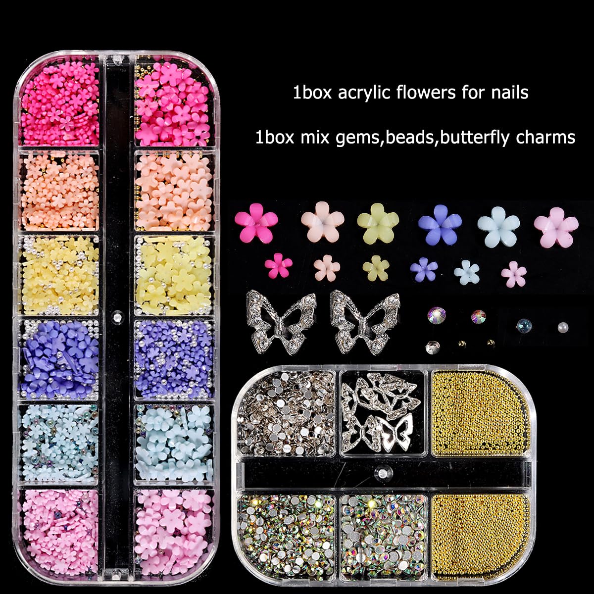 3D Flowers Nail Charms, 3D Pink Pastel Acrylic Flower For Nails, Gold Caviar Beads Nail Decorations Mixed Rhinestones Kit, Cryst