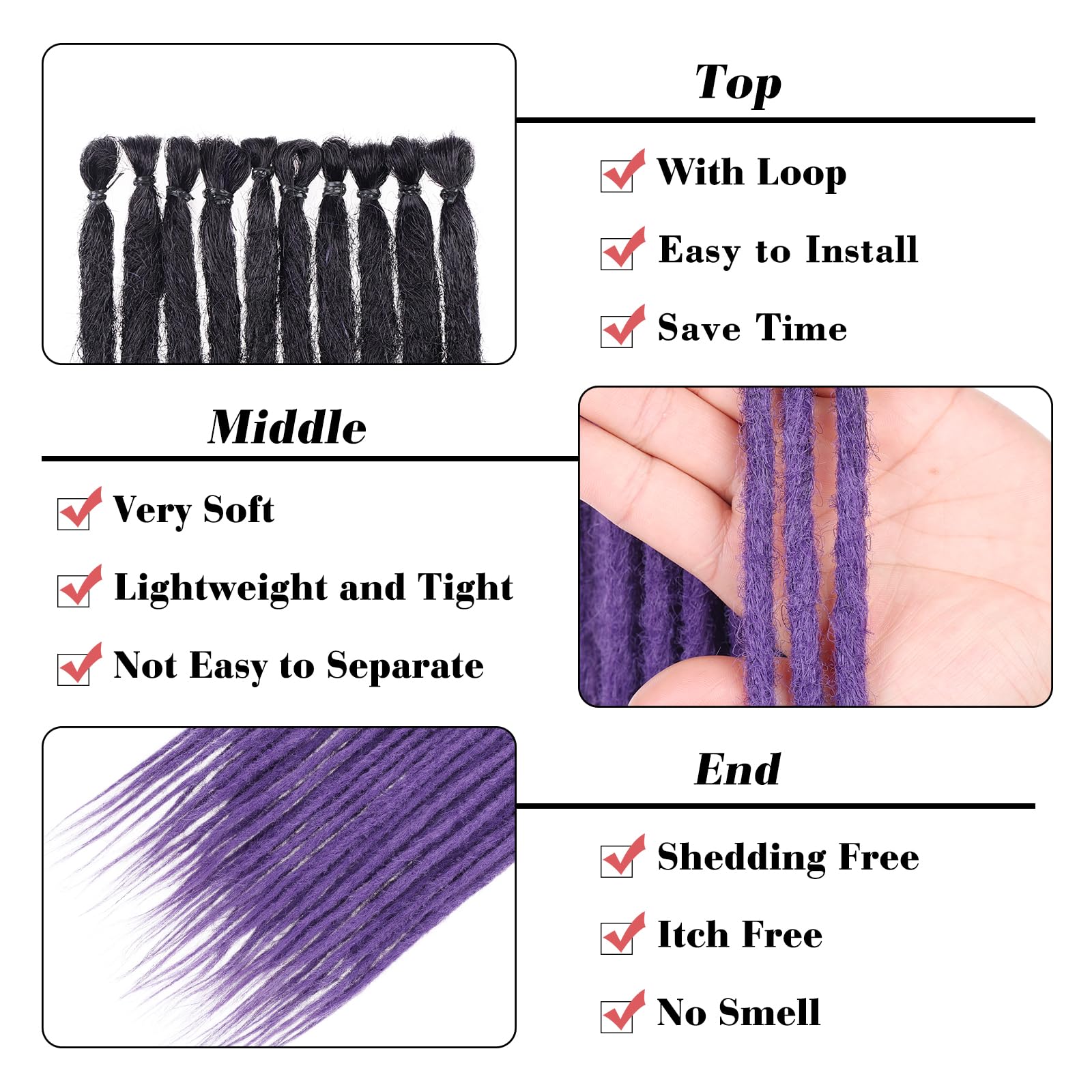 Leeven Synthetic Dreadlock Extensions 24 Inch, 20 Strands, Black to Purple, Handmade Soft Locs for Women & Men