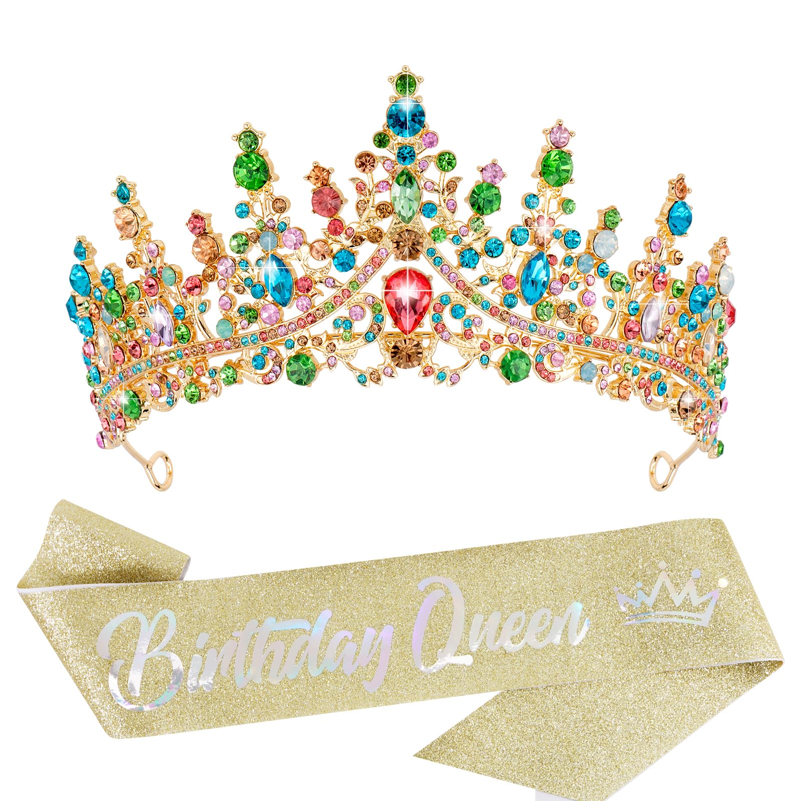VELSCRUN Birthday Queen Tiara Crowns for Women Girls Colourful Crystal Birthday Queen Headband Sash Elegant Princess Crown Happy