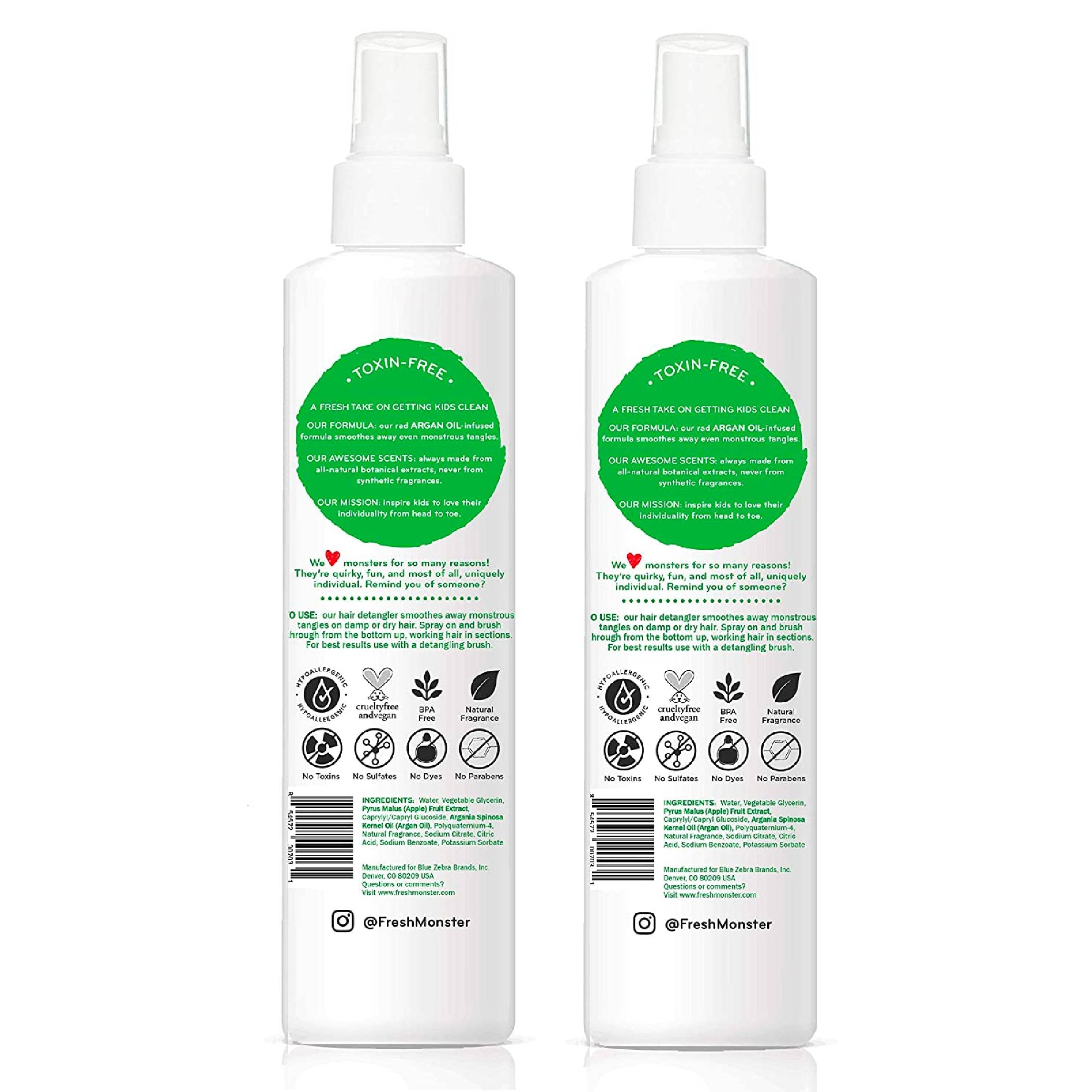Fresh Monster Kids Detangler Spray, Toxin-Free, Hypoallergenic & Natural, Hair Conditioning Spray For Kids, Coconut (2 Pack, 8.5
