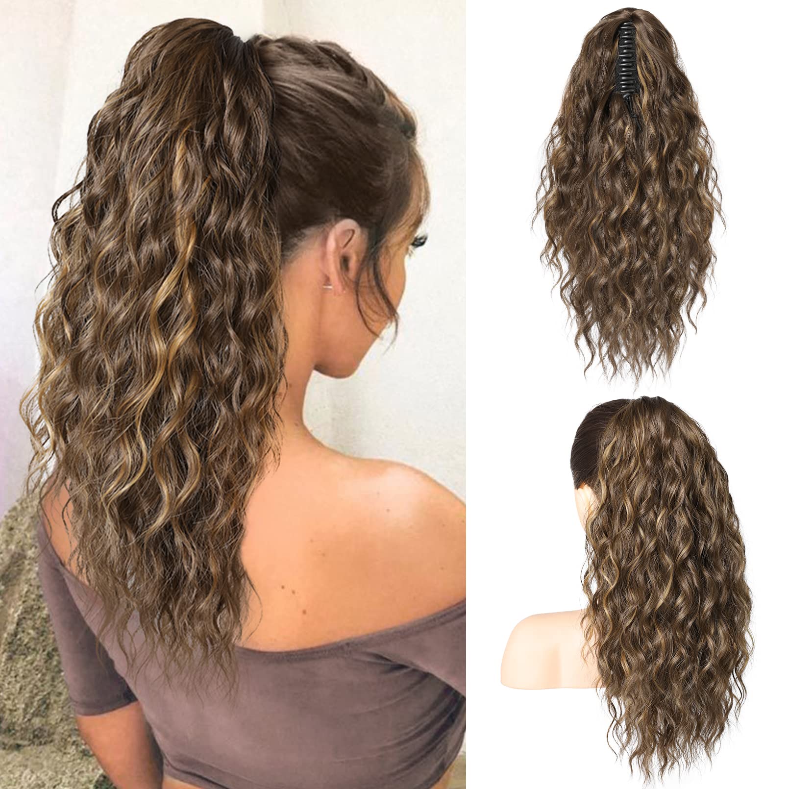 SEIKEA 18'' Long Claw Highlight Ponytail Extension, PT002 Tia Multi Layered Hair Wavy Curly Fluffy Thick Jaw Clip in Hair Extens