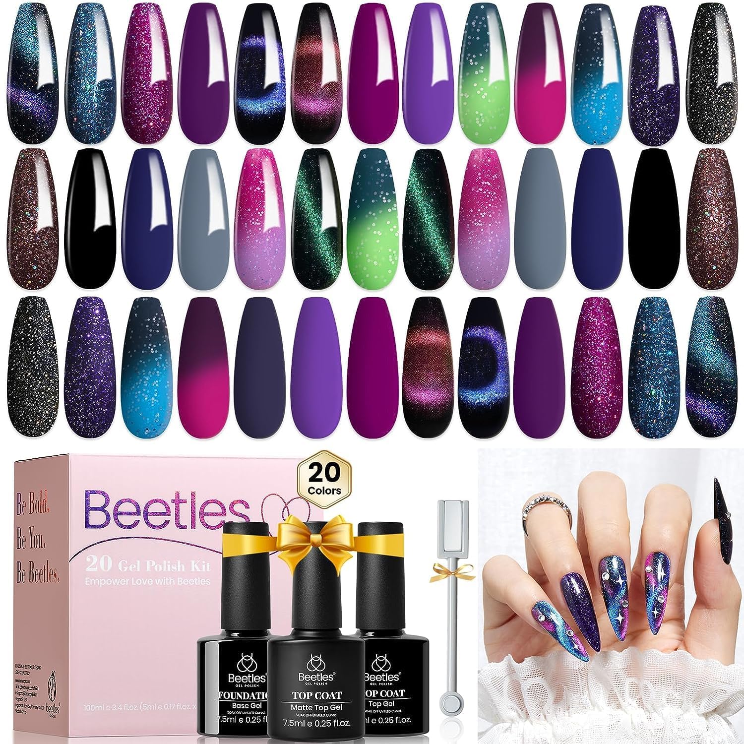 Beetles 24Pcs Gel Nail Polish Kits Gift Set, 20 Colors Cat Eye Color Changing Glitter Gel Polish Set with Base Gel Glossy Matte 