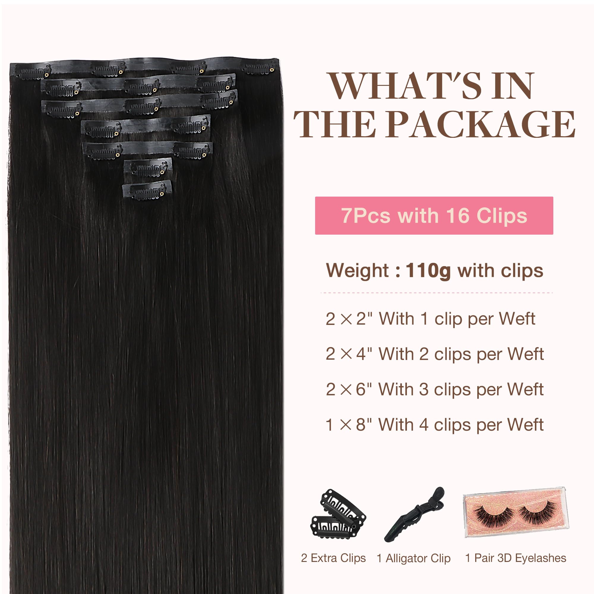 GOO GOO Clip in Hair Extensions Real Human Hair, 14inch 110g 7Pcs, 1B Natural black, Remy Human Hair Extensions Clip ins for Wom