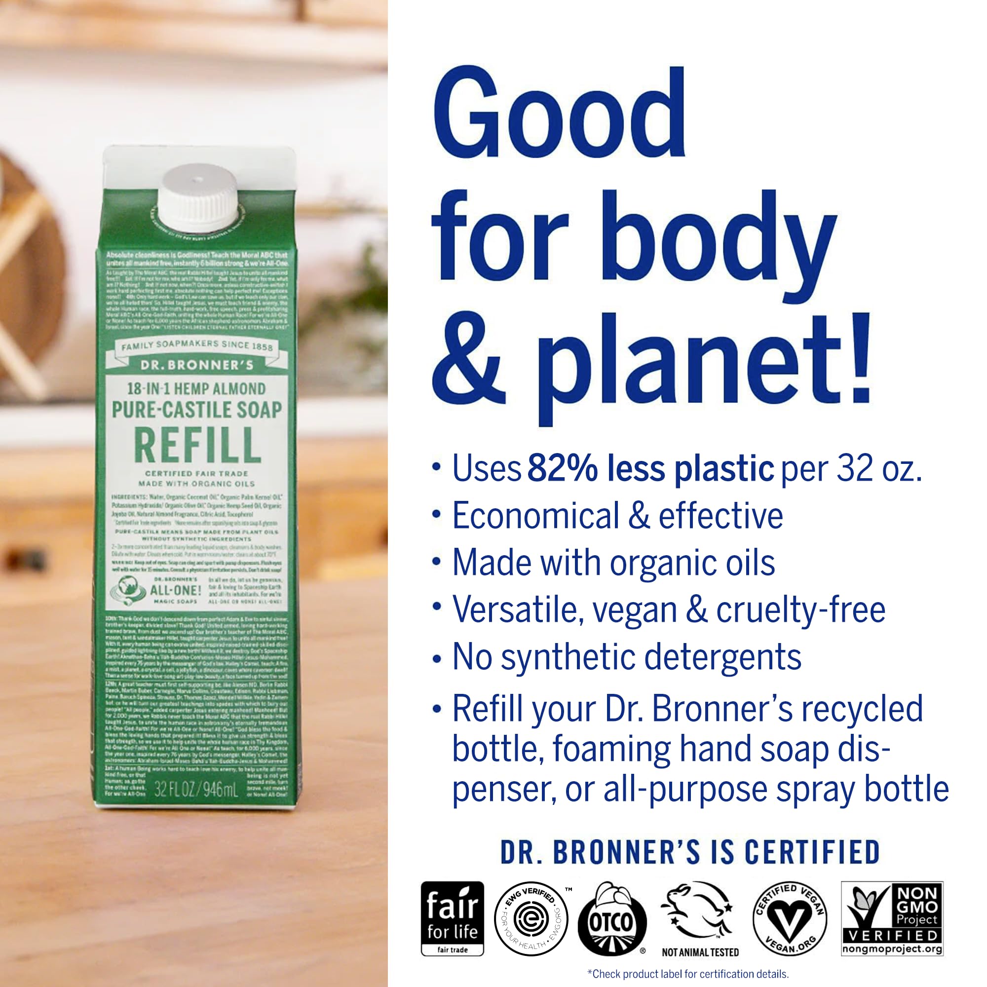 Dr. Bronner 'S - Pure-Castile Liquid Soap Bottle & Refill Carton Made With 82% Less Plastic (Almond, 32 Oz) - Face, Body, Hair,