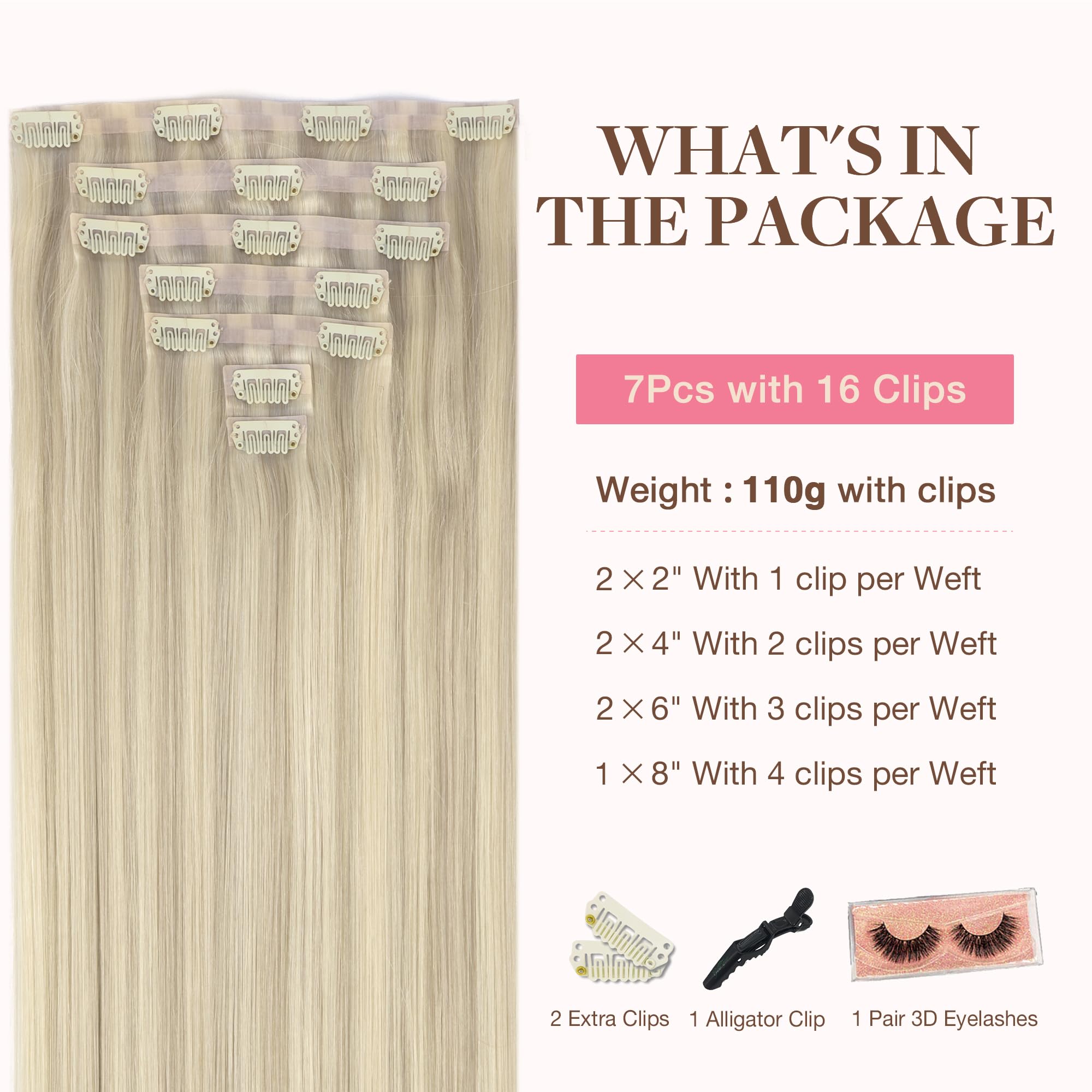 GOO GOO Clip in Hair Extensions Real Human Hair, 14inch 110g 7Pcs, 17A/60A Ash Blonde Highlighted Platinum Blonde, Remy Human Ha