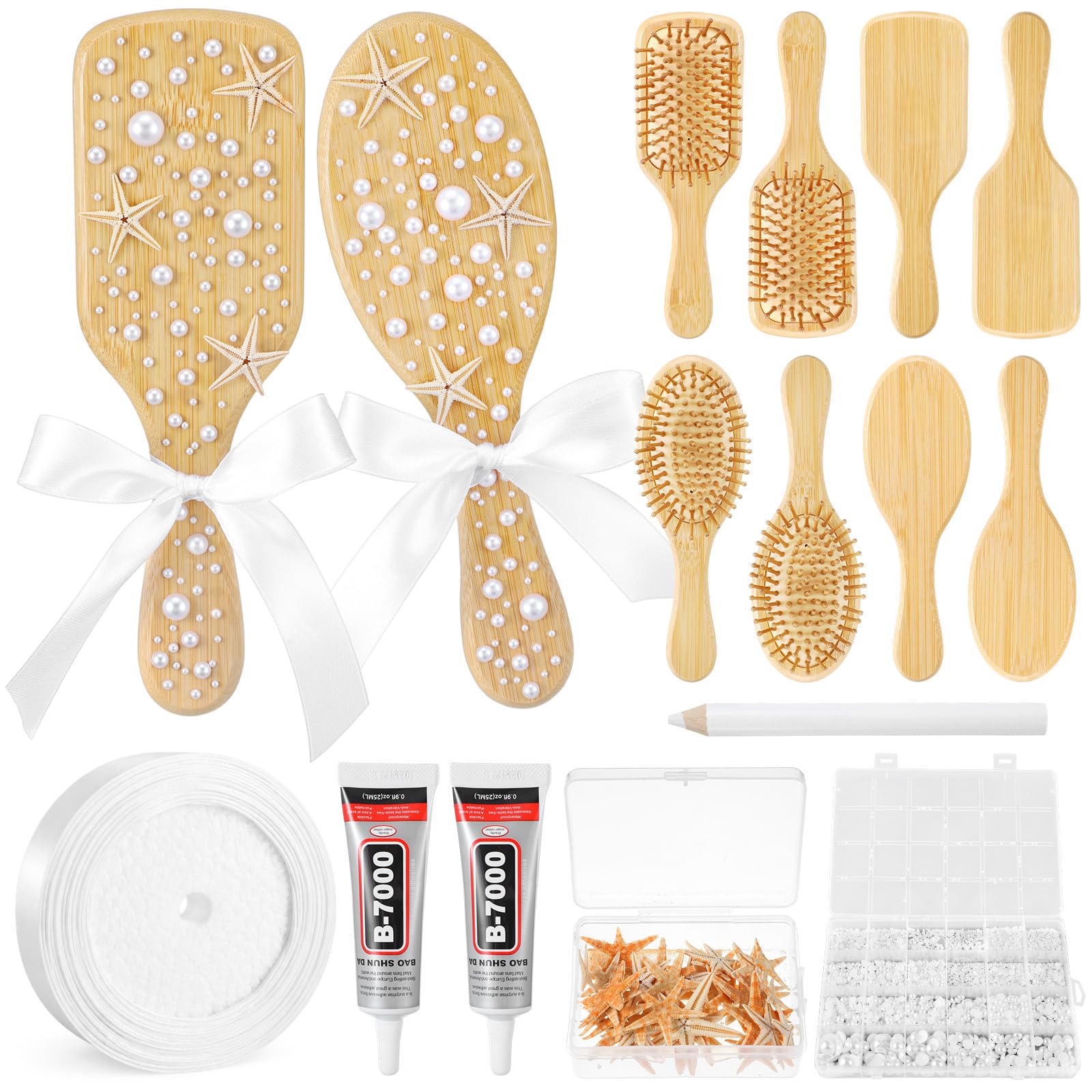 Acellegic 12 Set DIY Bamboo Hairbrush Kits Bulk Pearl Starfish Crafts for Wooden Hair Brush Make Your Own Hand Stick Night Party