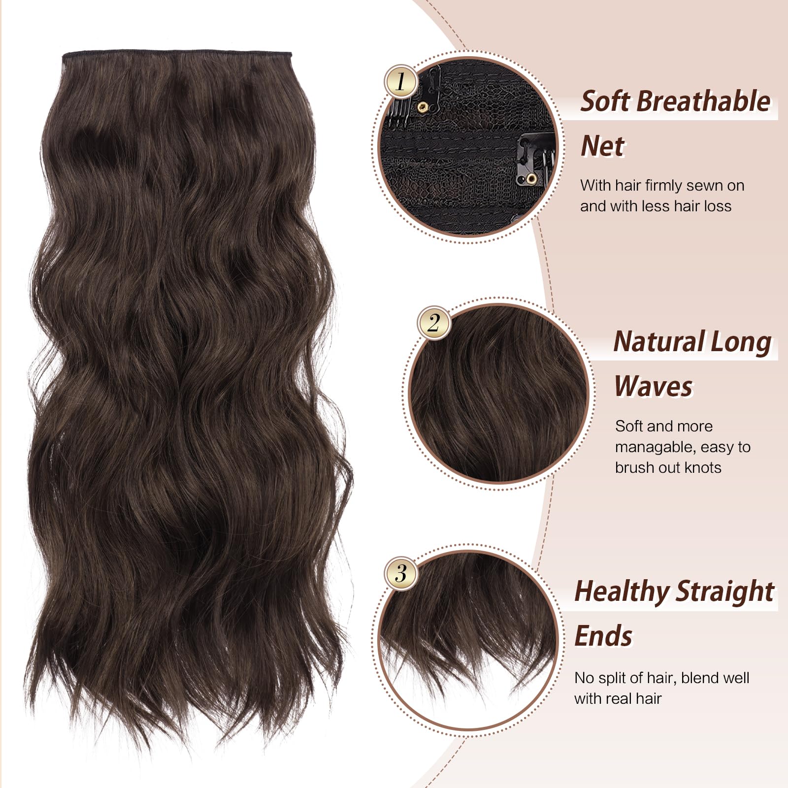 FESHFEN Clip in Hair Extensions 4 PCS Chocolate Brown with Dark Brown Thick Highlighted Hairpieces Long Wavy Clip in Hair Piece