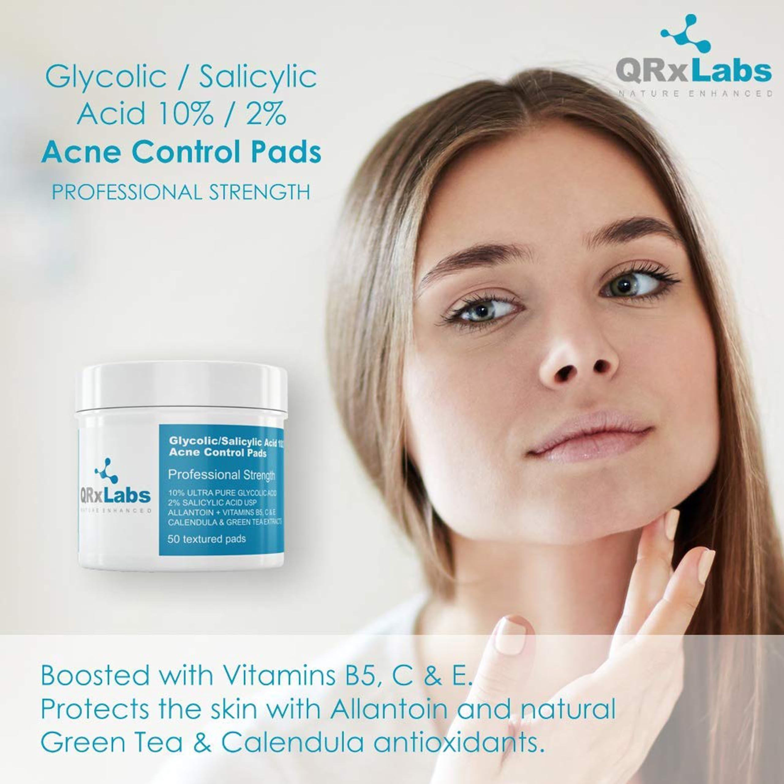 QRxLabs Glycolic + Salicylic Acid Acne Control Pads, 10% Glycolic & 2% Salicylic, 50 Count - Clear Skin Treatment