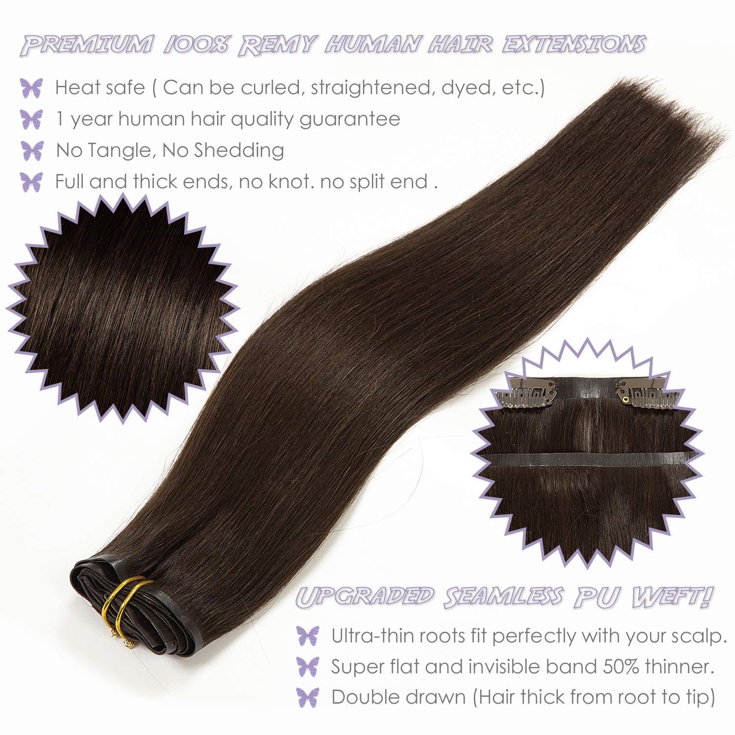 Lacer Hair Seamless Hair Extensions Clip in Human Hair #2 Darkest Brown Ultra Thin Double Weft PU Invisible Clip in Hair Extensi
