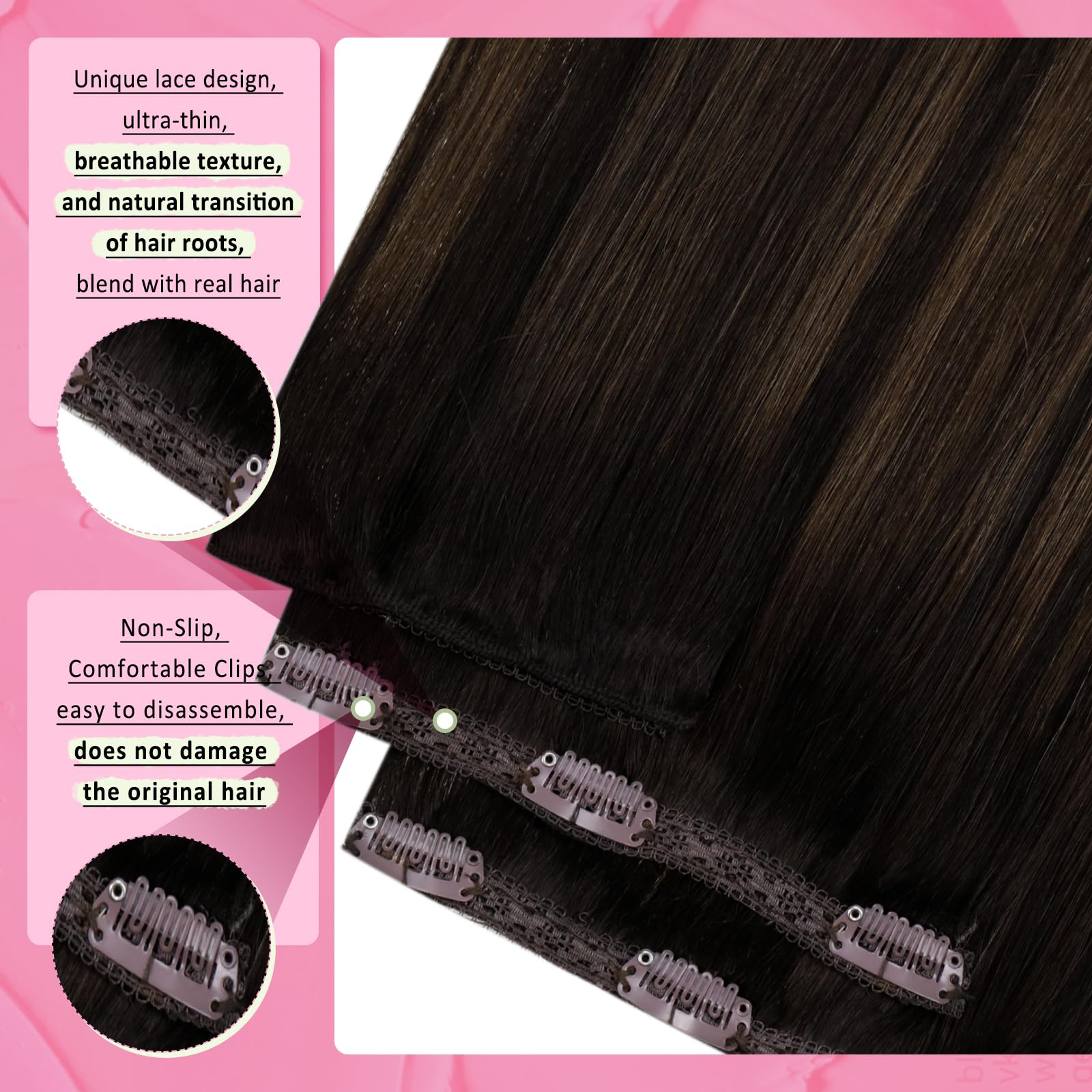 YoungSee 135G Clip in Hair Extensions Human Hair Brown Balayage Lace Clip in Real Hair Extensions Dark Brown Mix Medium Brown Hi