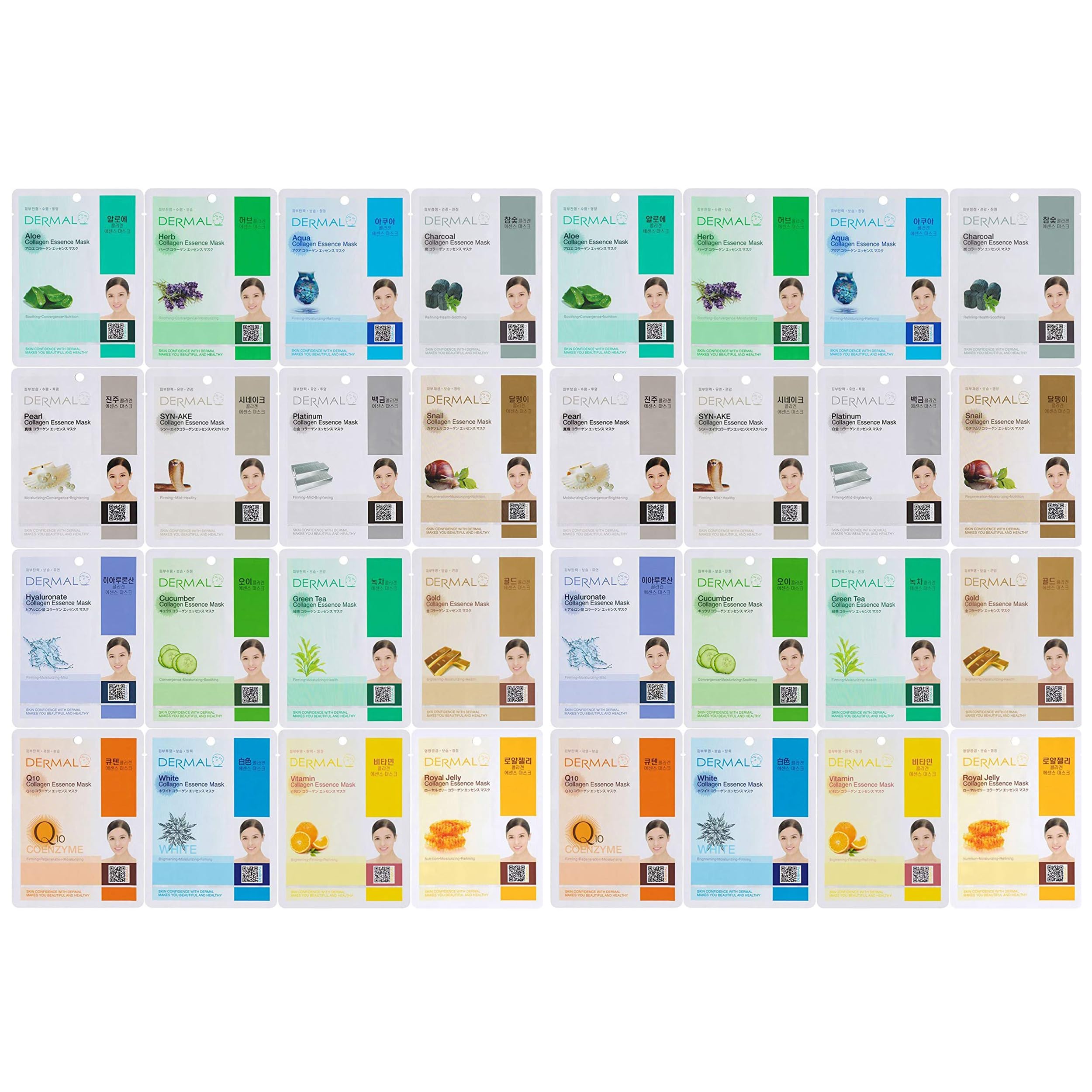 Dermal 32 Combo Pack Collagen Essence Korean Face Mask - Hydrating & Soothing Facial Mask With Panthenol - Hypoallergenic Self C