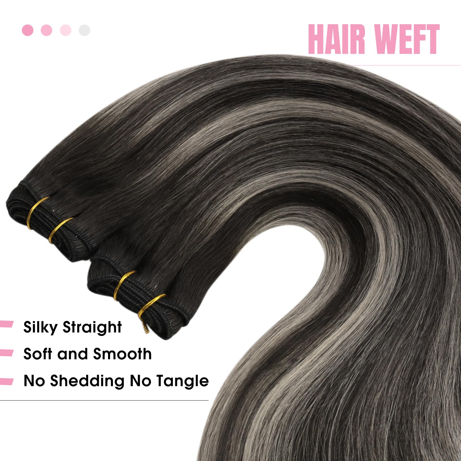 YoungSee Sew in Hair Extensions Real Human Hair Ombre Black Human Hair Extensions Sew in Black Ombre Silver Balayage Soft Real H