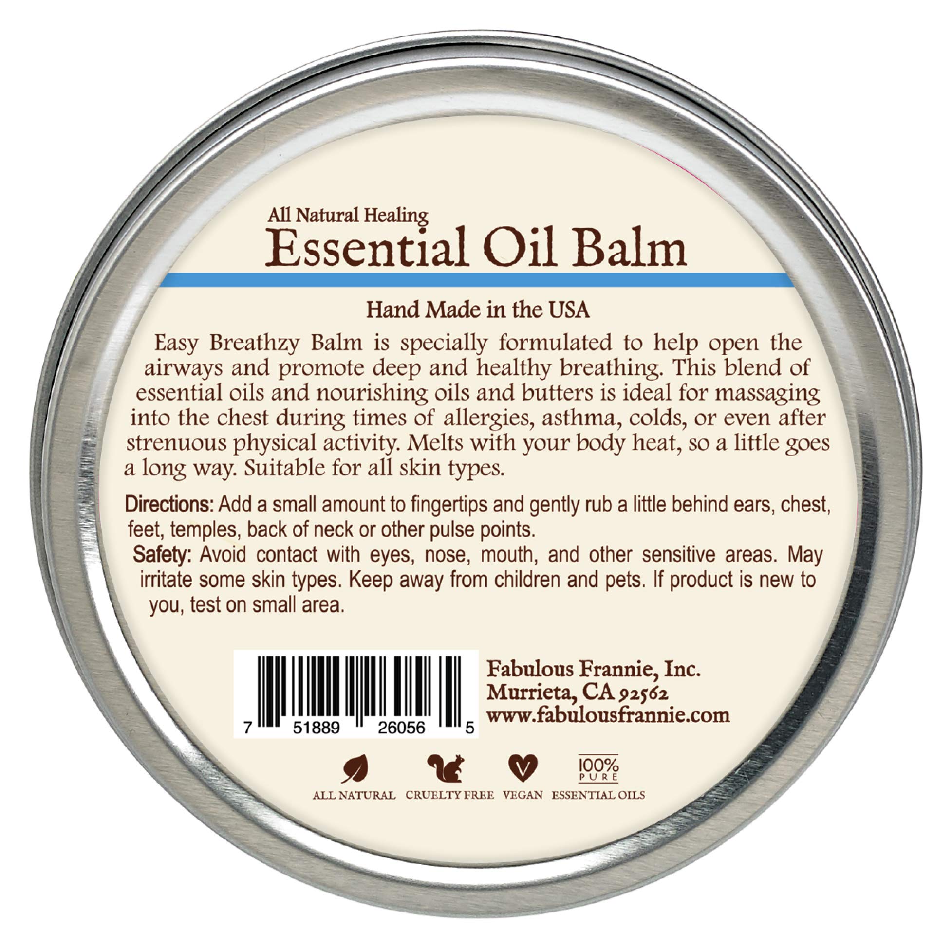 Fabulous Frannie Easy Breathzy All Natural Essential Oil Healing Balm made with Sunflower Oil, Coconut Oil, Shea Butter, Beeswax