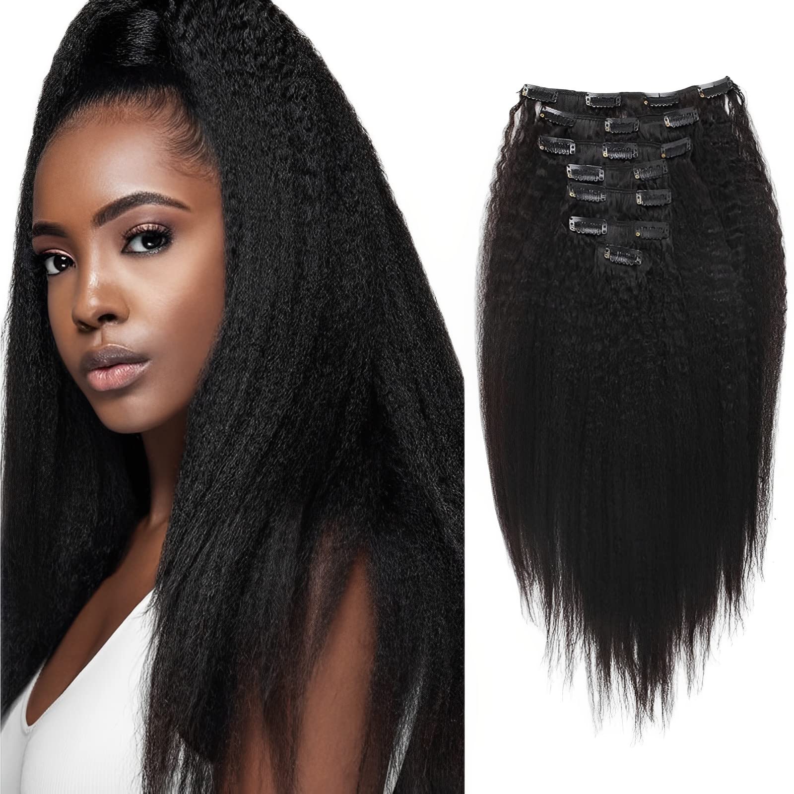 ABH AMAZINGBEAUTY HAIR Blowout Kinky Straight Clip Ins for Black Women, 8A Grade Remy Human Hair, Natural Color, 17 Clips with 7