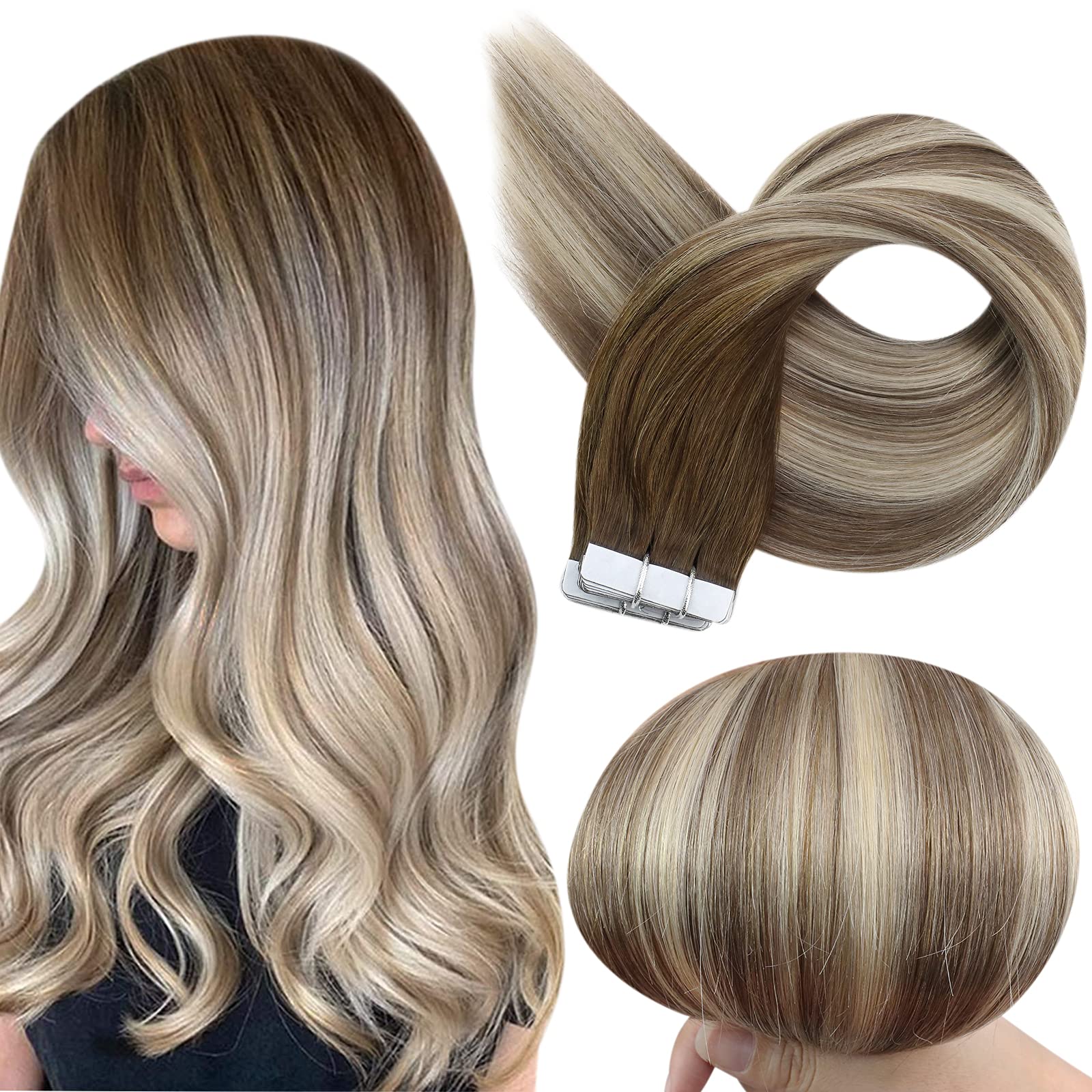 Full Shine Tape In Hair Extensions 16 Inch Glue On Hair Extensions Balayage Color 3 Dark Brown Fading To 8 Ash Brown Highlight 2