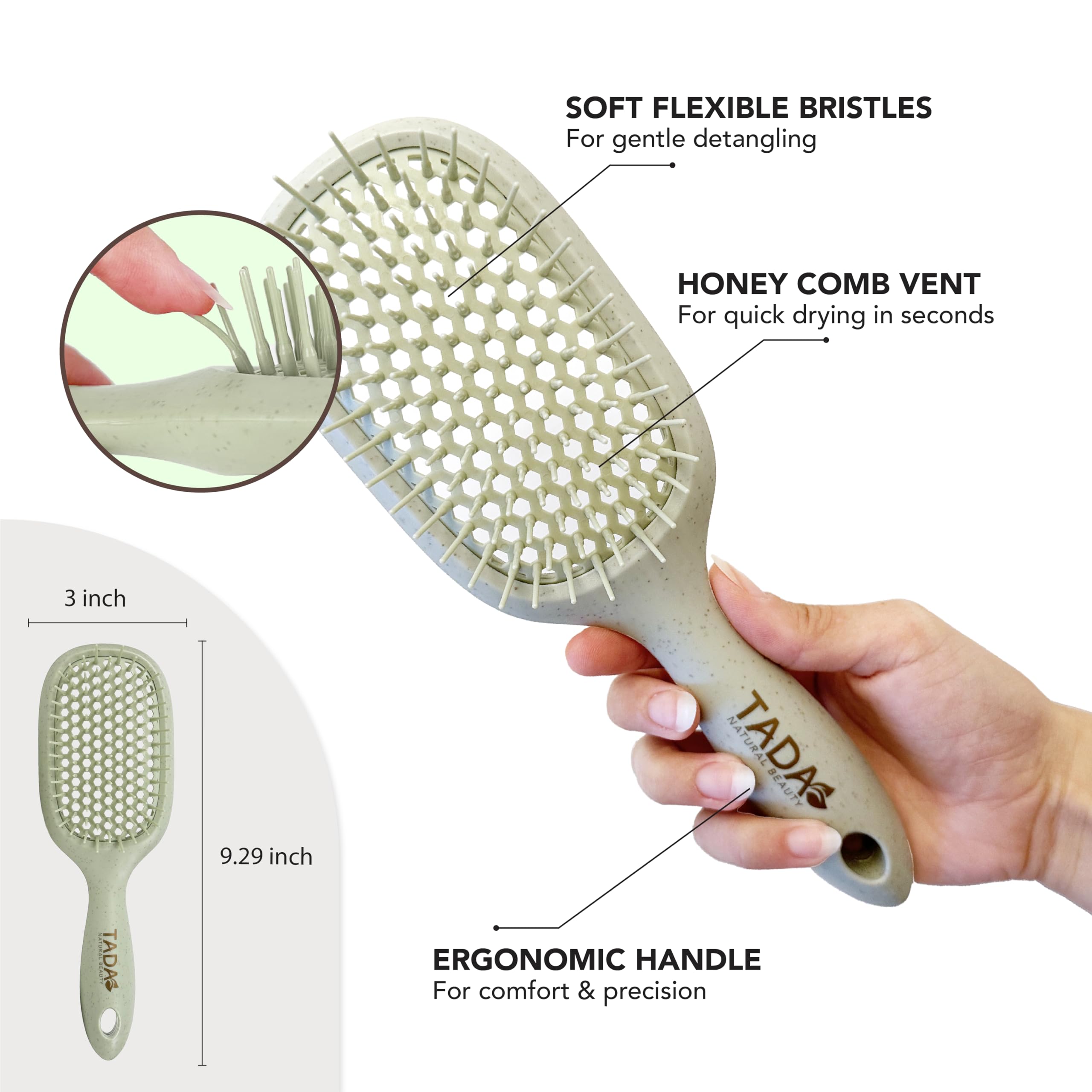 Tada Natural Beauty Hair Brush Detangler For Curly, Thick, Wavy, And Thin Hair - Ventilation Holes For Quick Drying And Styling,