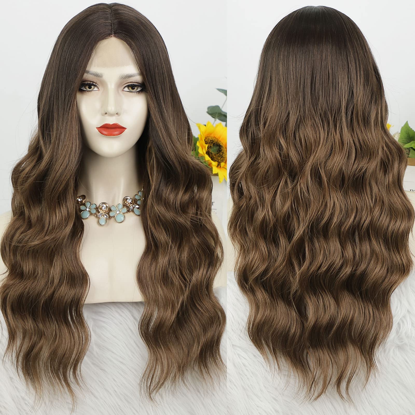 AISI QUEENS Long Brown Wavy Wigs for Women, Ombre Brown Curly Wig Middle Part Hair Replacement Wigs Synthetic Heat Resistant Fib