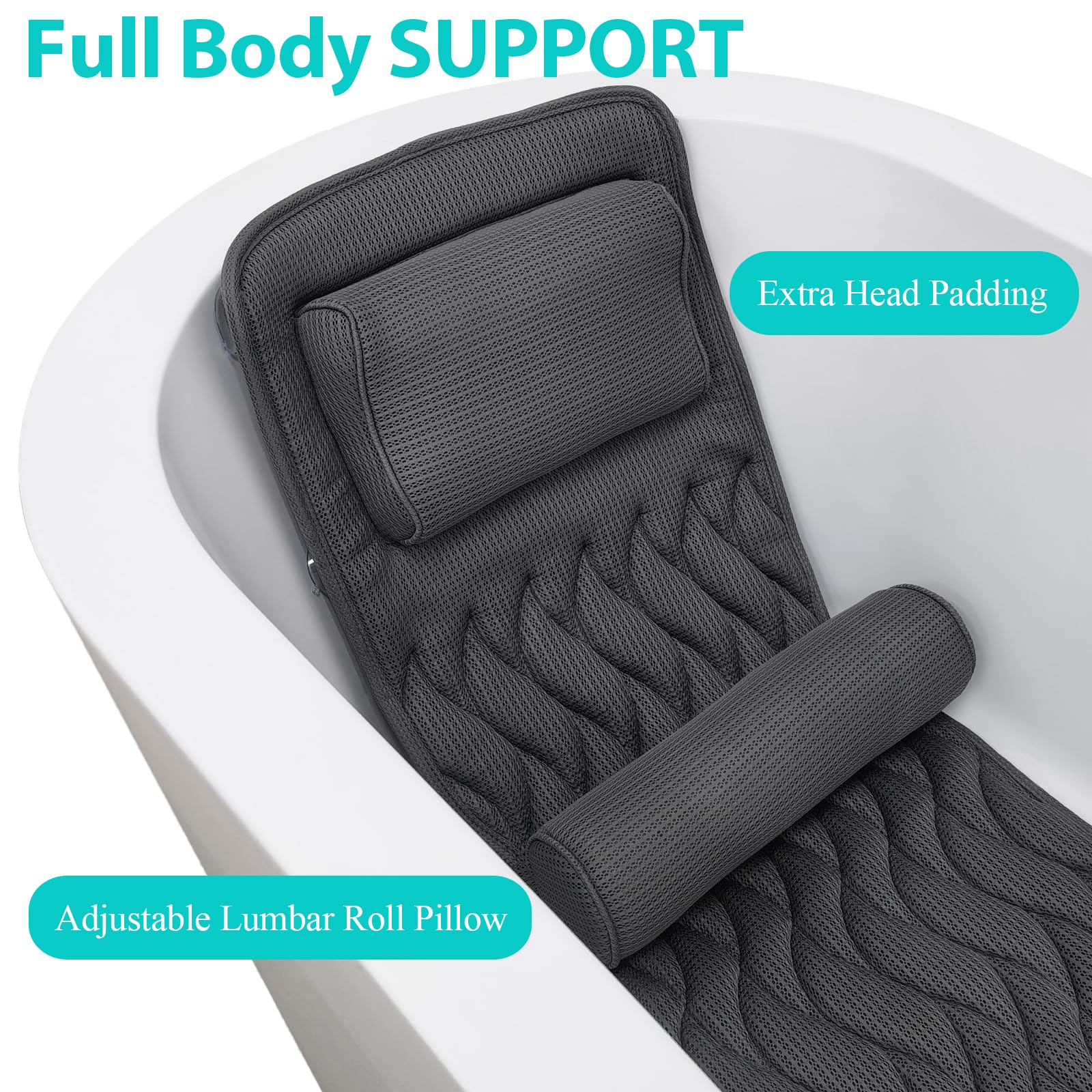 Full Body Bath Pillow With Adjustable Lumbar Roll Pillow Bathtub Cushion With 14 Suction Cups 3D Air Mesh Fit Any Tub Gray Bathr