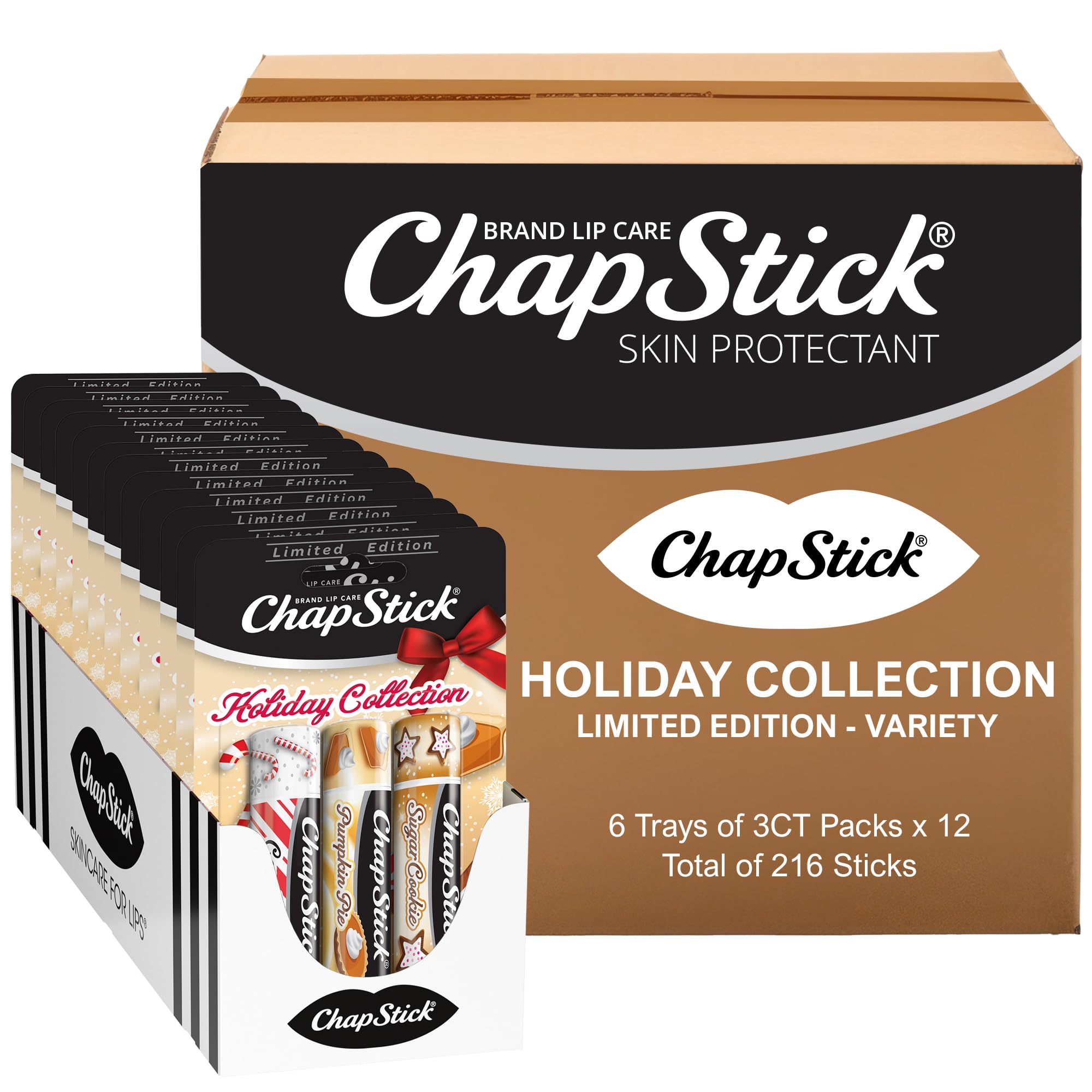 ChapStick Bulk Lip Balm, Holiday Collection, Lip Care Tubes, 0.45 oz, 216 ct case