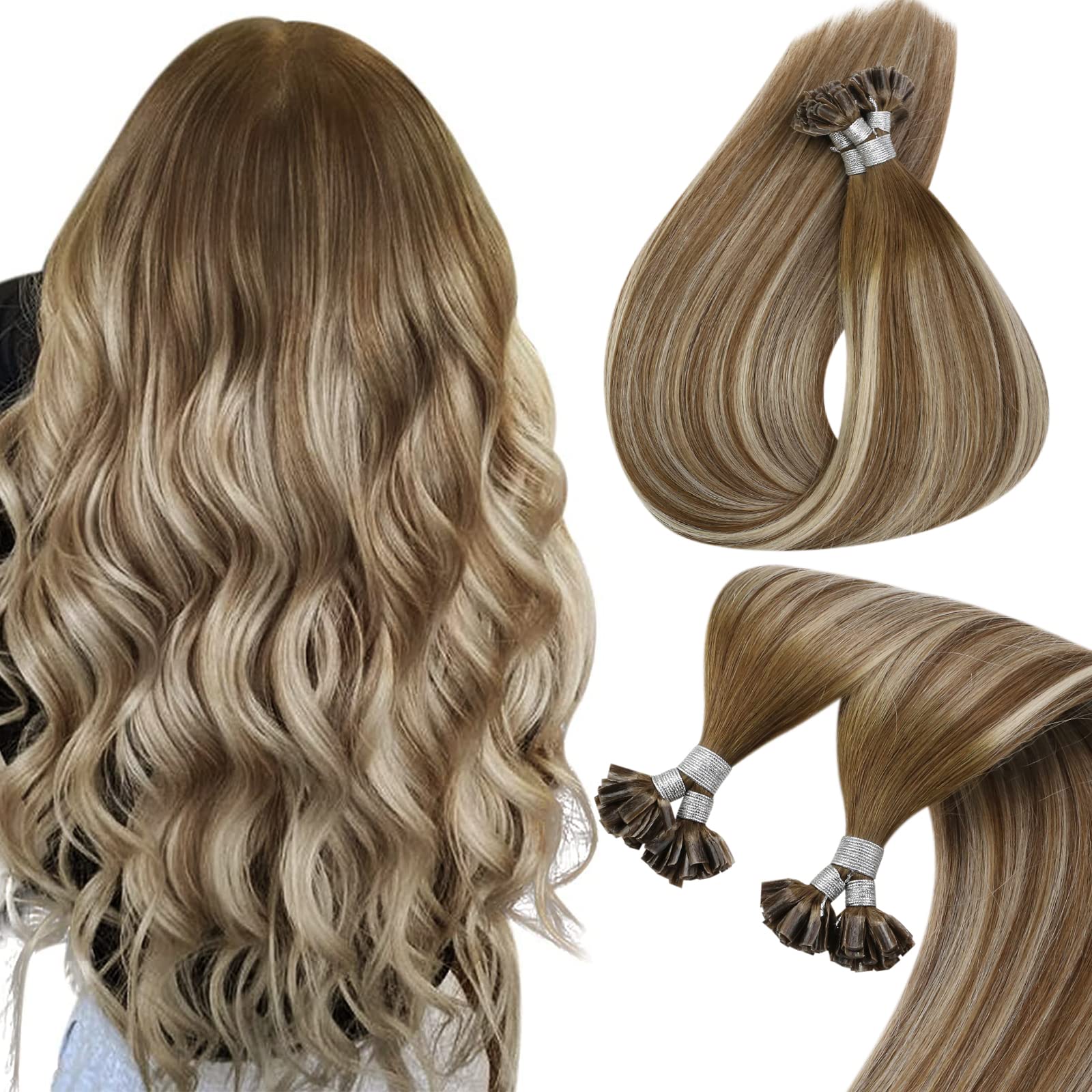 [Hot]Sunny U Tip Real Hair Extensions Balayage Blonde Utips Hair Extensions Medium Brown Balayage Platinum Blonde Utip Extension