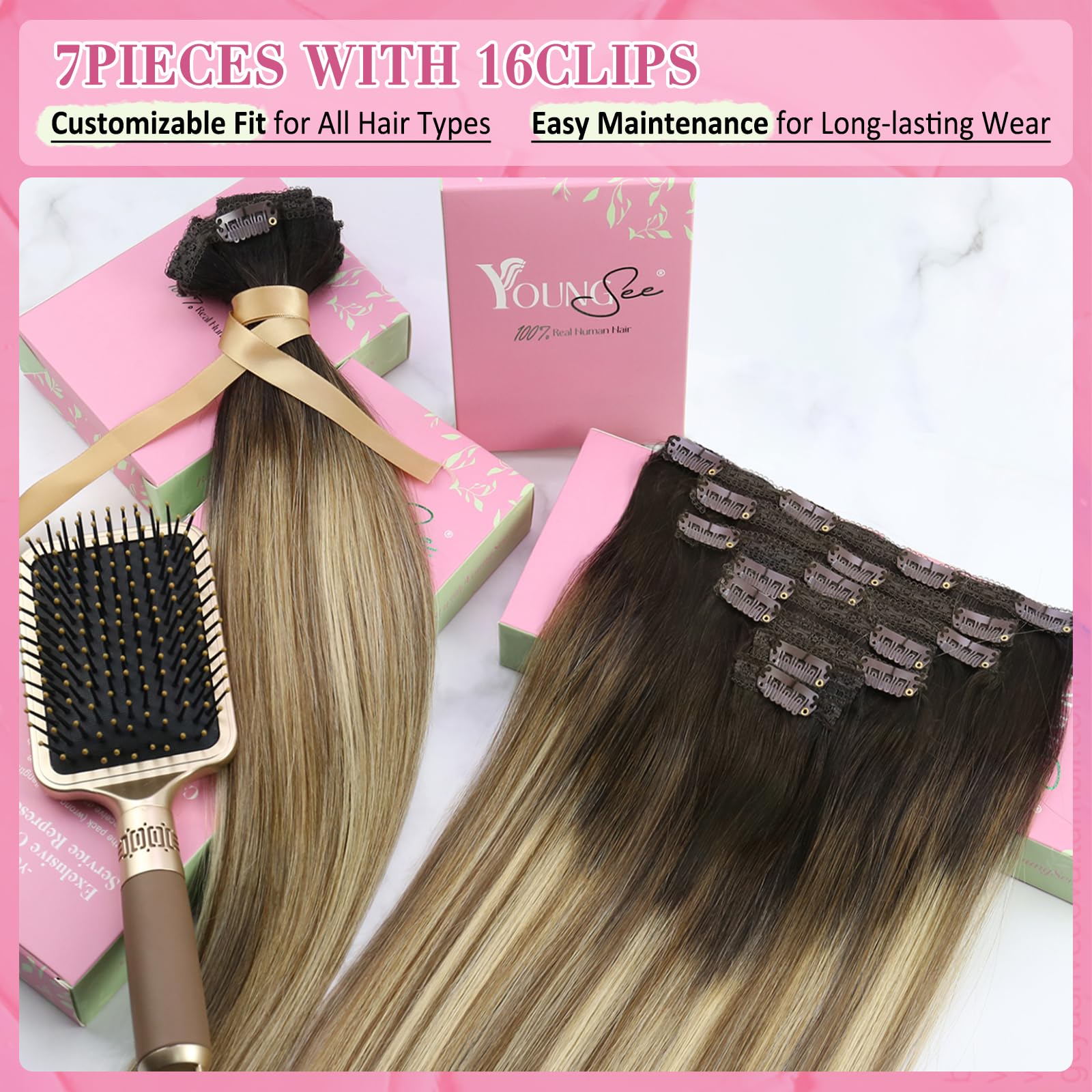 YoungSee Clip in Human Hair Extensions Balayage Clip on Hair Extensions Darkest Brown to Blonde with Brown Balayage Clip in Exte
