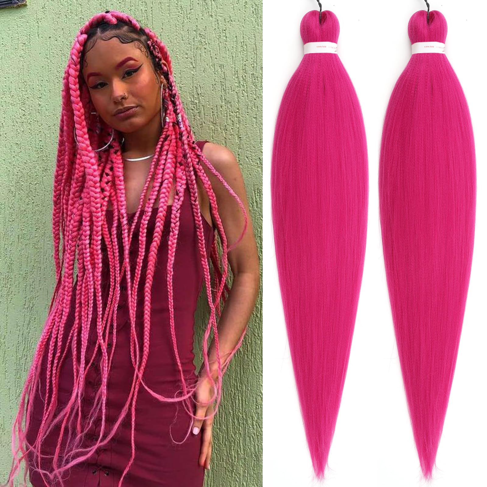 Unionbeauty Hot Pink Pre Stretched Braiding Hair 26 Inch 2 Packs Dark Pink Braiding Hair For Box Braids Yaki Texture Hot Water S