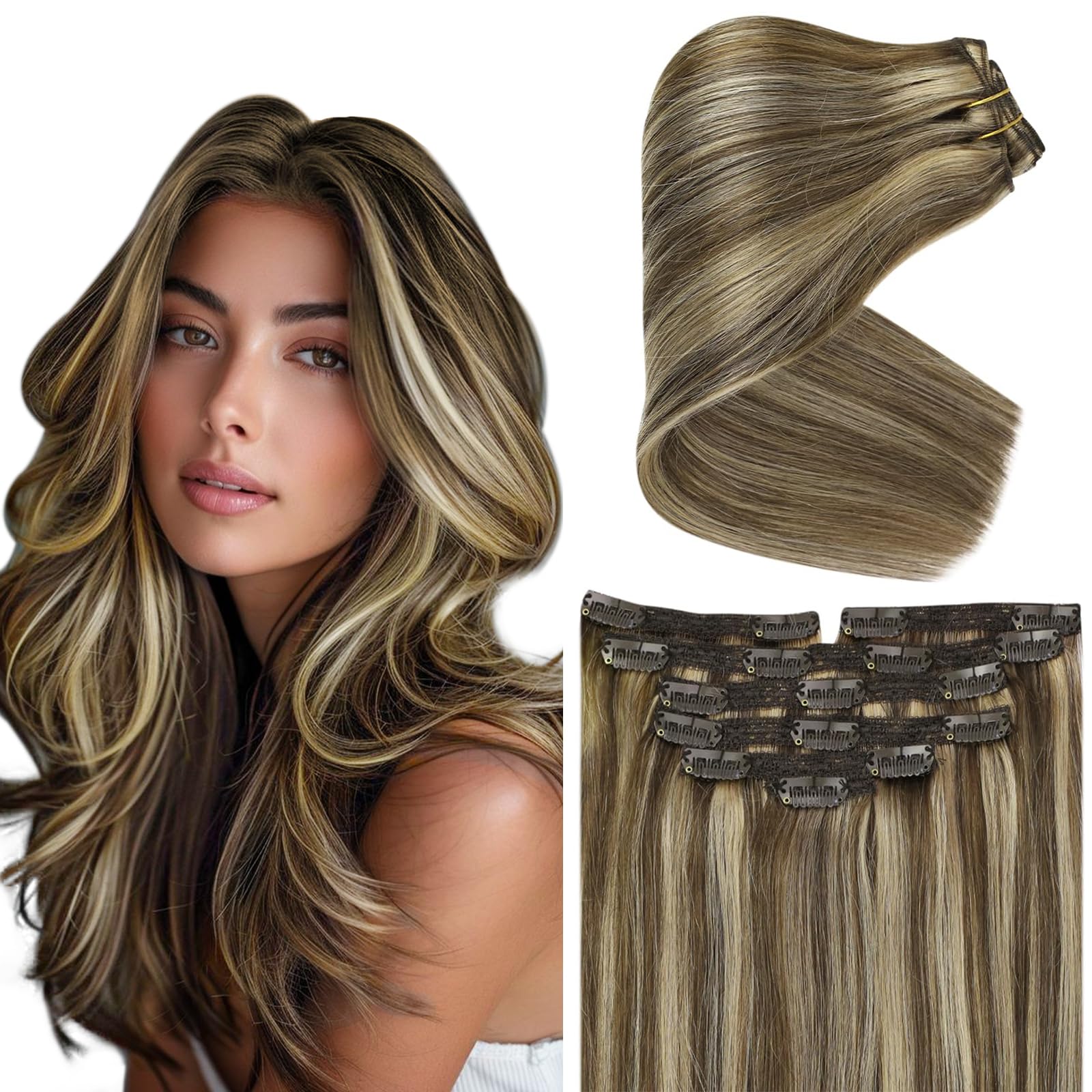 Ve Sunny Clip in Hair Extensions Human Hair Highlights Brown Clip in Hair Extensions Dark Brown with Caramel Brown Highlights Ha