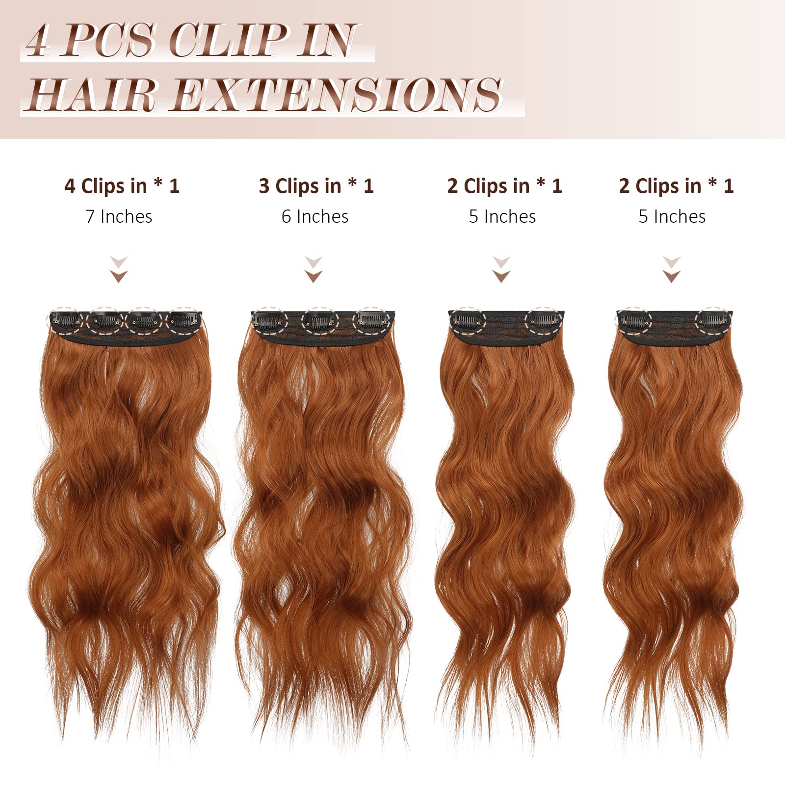 FESHFEN Clip in Hair Extensions - 4 PCS Long Wavy Copper Red Thick Clip in Hairpieces Full Head Synthetic Hair Extension for Wom