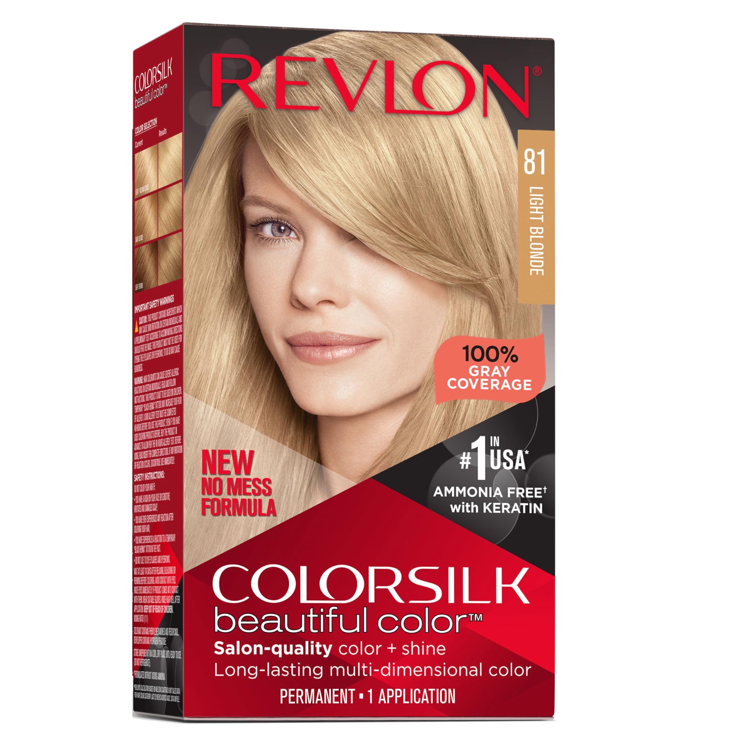 Revlon Colorsilk Beautiful Color Permanent Hair Color With 3D Gel Technology & Keratin, 100% Gray Coverage Hair Dye, 81 Light Bl