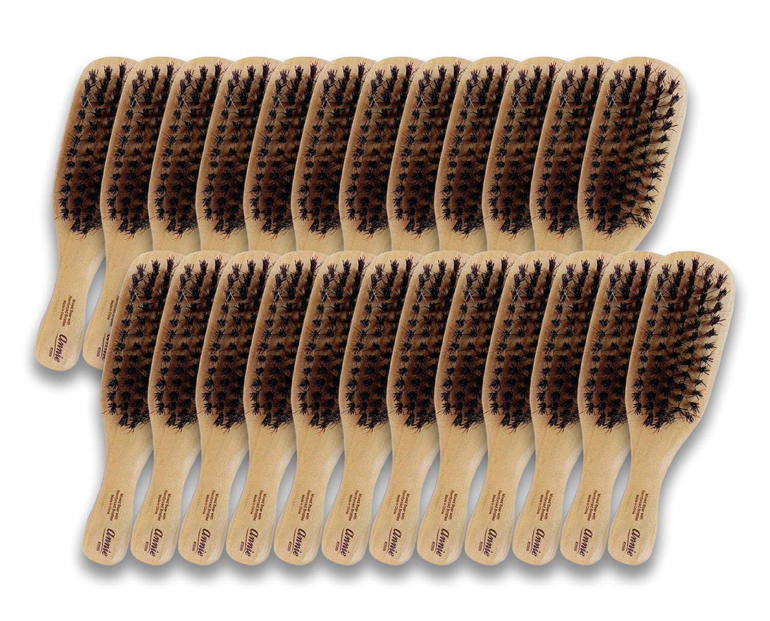 Annie - Mini Wave Brush Bulk - (24) Count - (100%) Boar Reinforced Bristles - Polished Wooden Handle - Best for Thick Hair