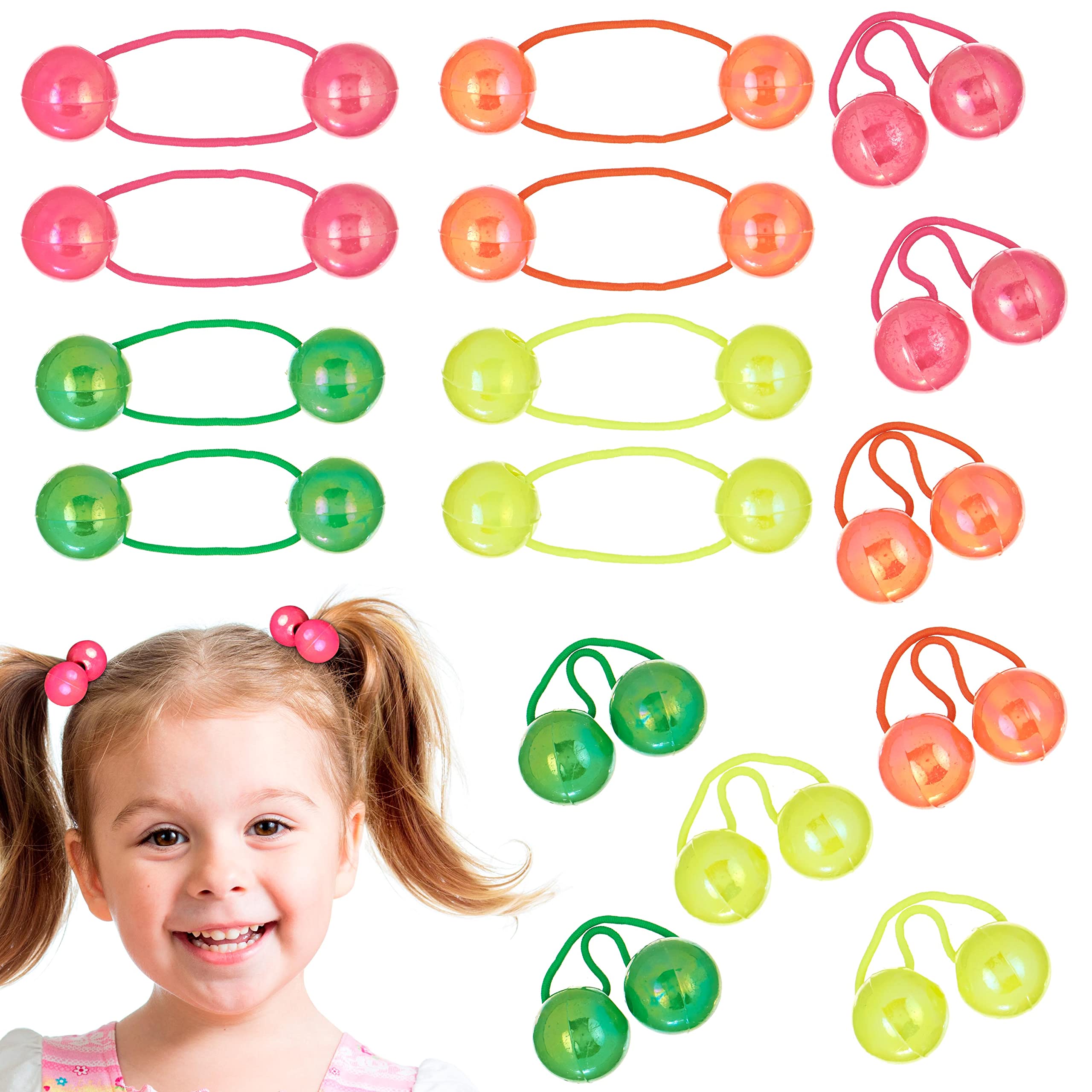 Expressions 16pc Large Elastic Hair Ties with Balls Collection, Neon Colored Elastic Hair Bands for Girls Hair Accessories, Twin
