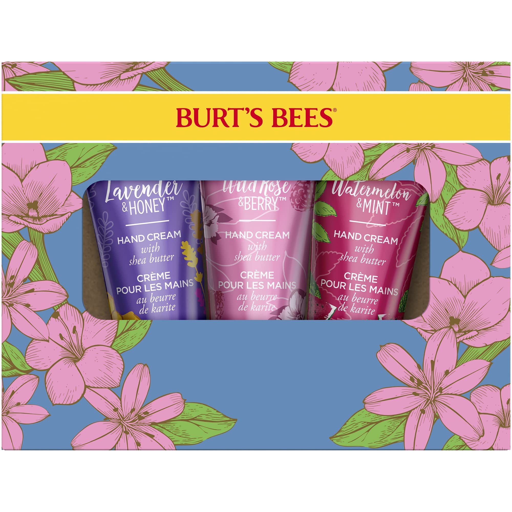 Burts Bees Spring Gift, 3 Moisturizing Self Care Gifts, Shea Butter Hand Cream Trio Spring Set - Lavender & Honey, Wild Rose & B