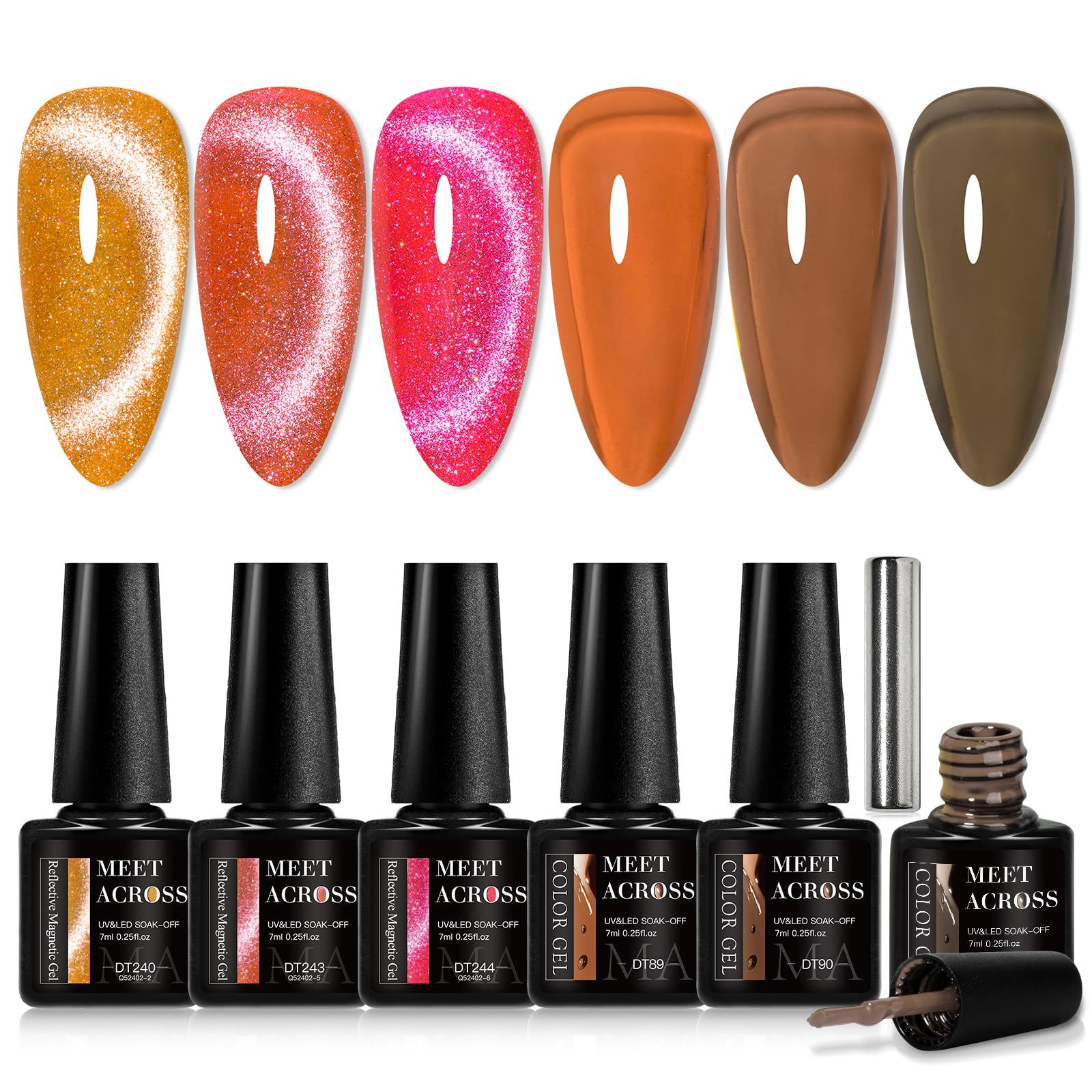 MEET ACROSS Jelly Cat Eye Gel Nail Polish Set Crystal Gel Polish Kit 6PCS Glitter Gel Polish Set Cat Eye Reflective Magnetic Nai