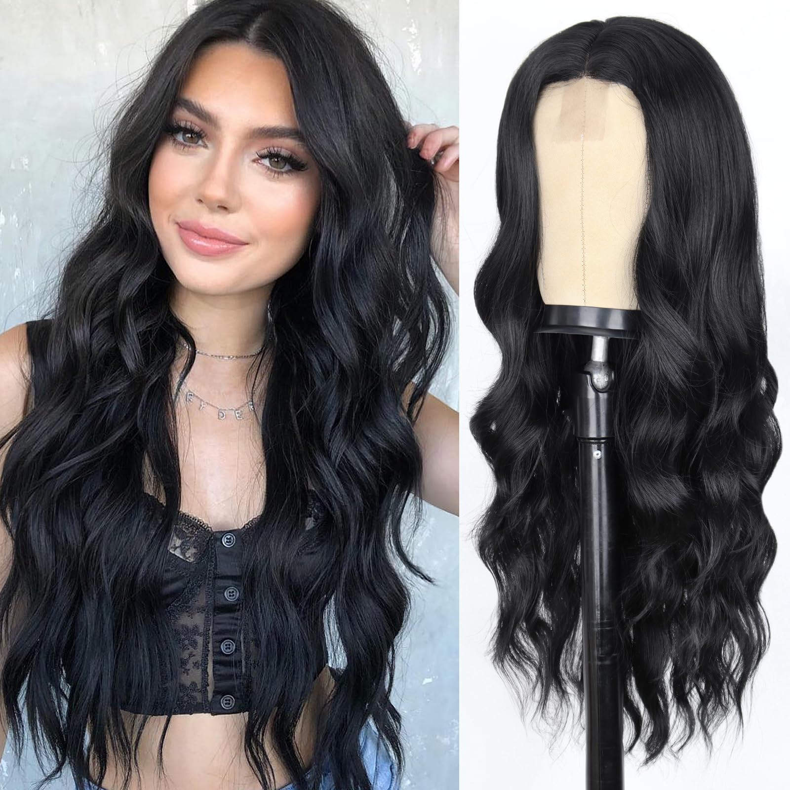 WERD Long Black Wavy Wigs for Women Black Curly Wig with Middle Part Synthetic 26 Inch Natural Looking Black Wig for Daily Party