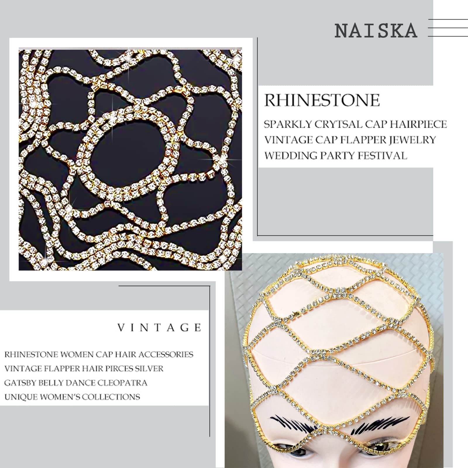 NAISKA Gold Rhinestone Headbands Chain Wedding Bride Crystal Headpieces Caps Vintage 1920S Party Flapper Hair Headband Jewelry G