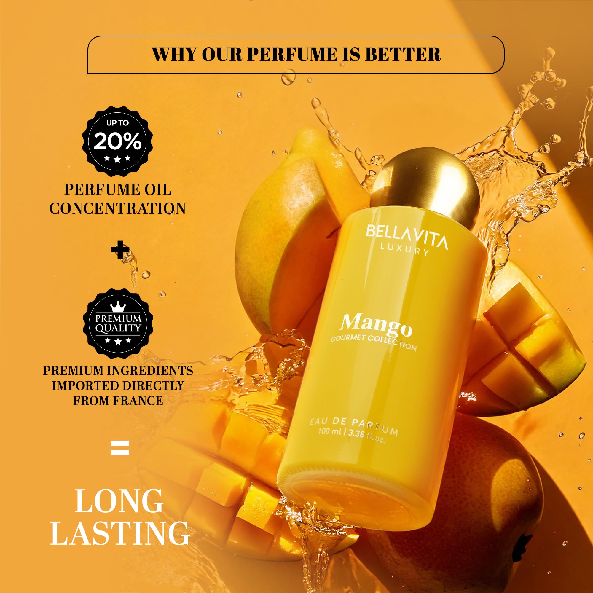 BELLAVITA Gourmet Collection Mango Edp Fruity, Floral, Woody Long Lasting Fragrance Perfume For Men And Women 100ml