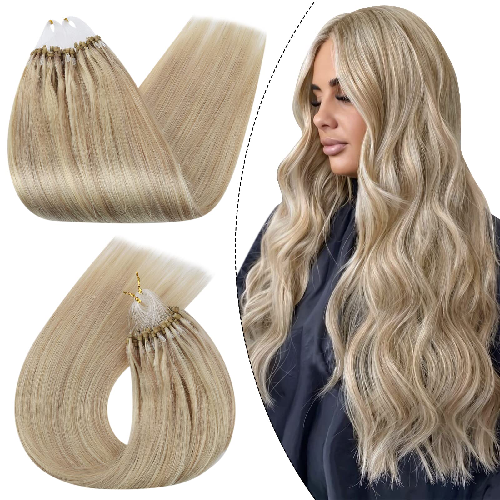 Ugeat Microlink Hair Extensions Human Hair 18 Inch Micro Ring Human Hair Extensions #P18/613 Ash Blonde Highlight Bleach Blonde
