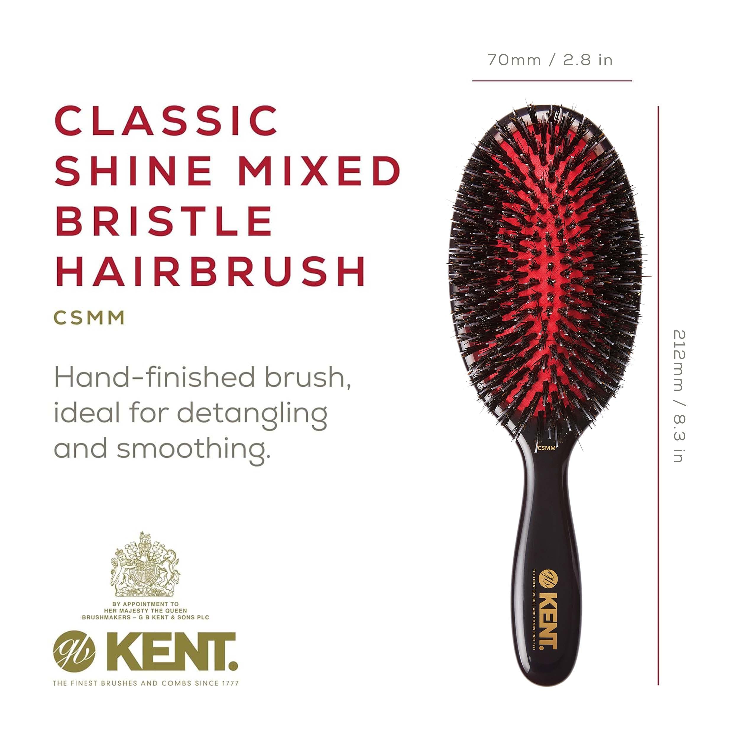 Kent CSMM Classic Shine Medium Oval Cushion Straightening Brush - Natural Black Boar Bristle Hair Brush with Nylon Quills - Shin