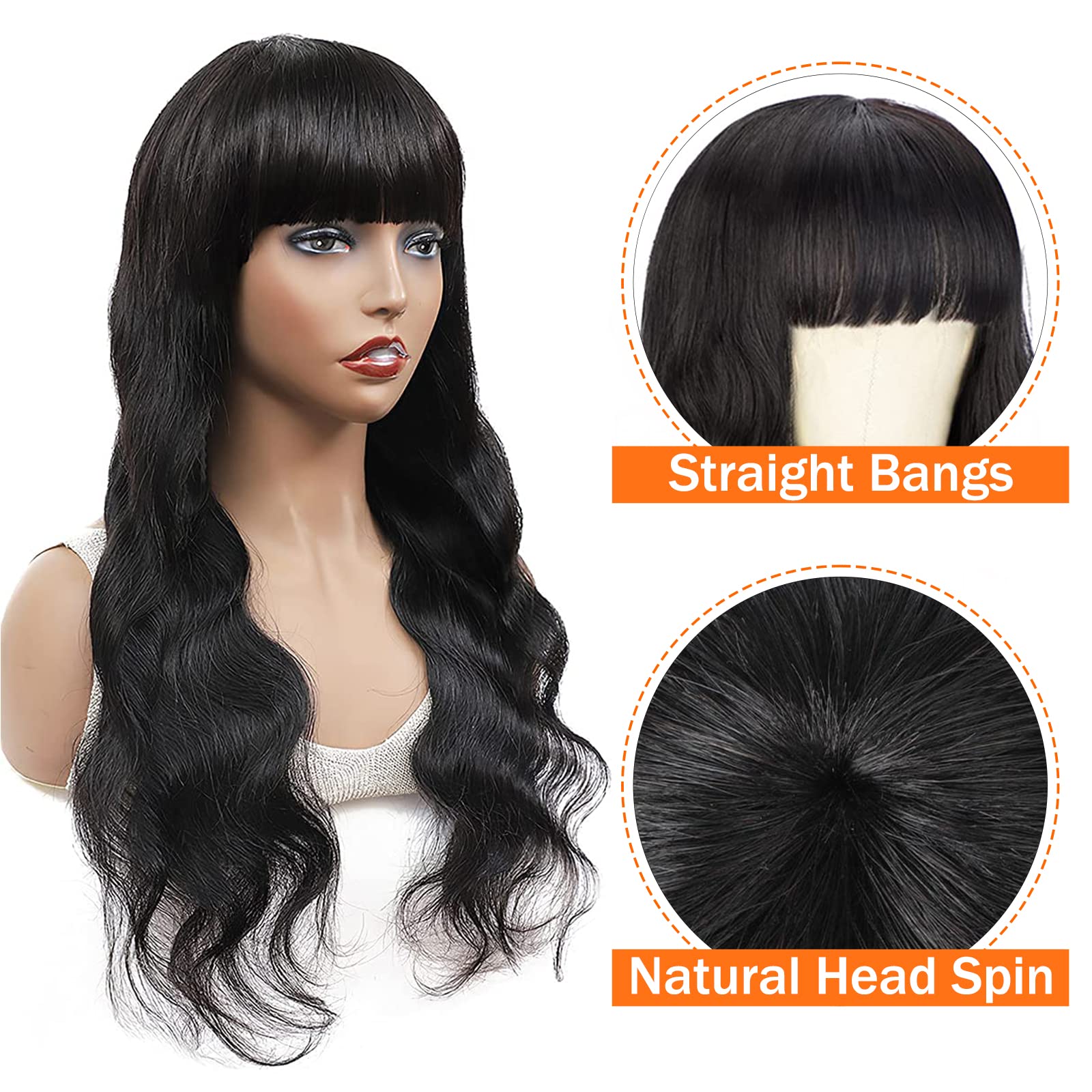 Body Wave Human Hair Wigs with Bangs None Lace Front Wigs 150% Density Brazilian Virgin Hair Glueless Machine Made Wigs for Blac
