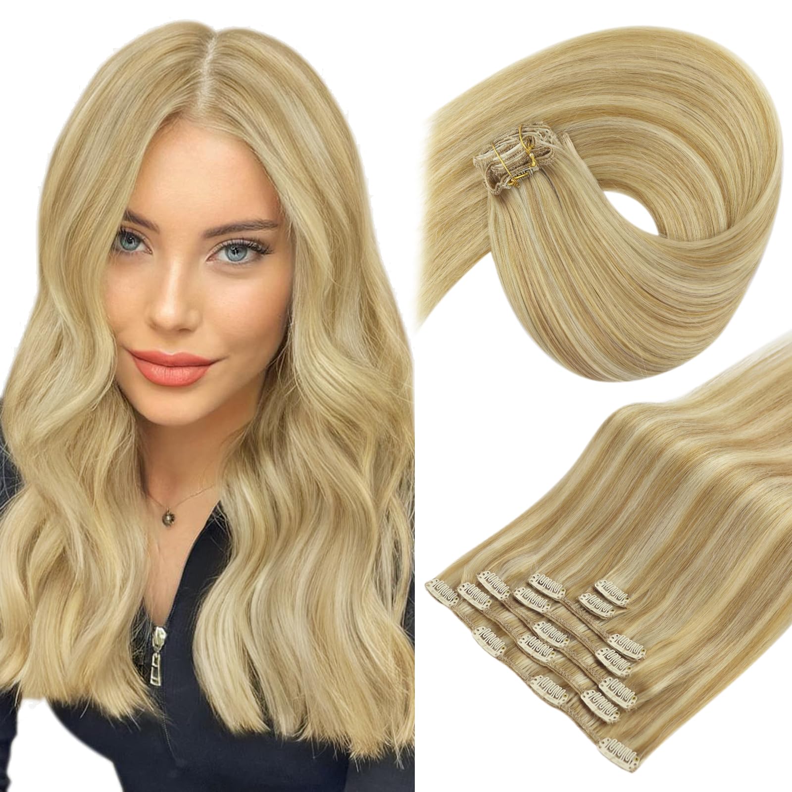 Sunny Invisible Clip in Hair Extensions Blonde Highlights Real Hair Extensions Clip in Human Hair Caramel Blonde Mix Platinum Bl