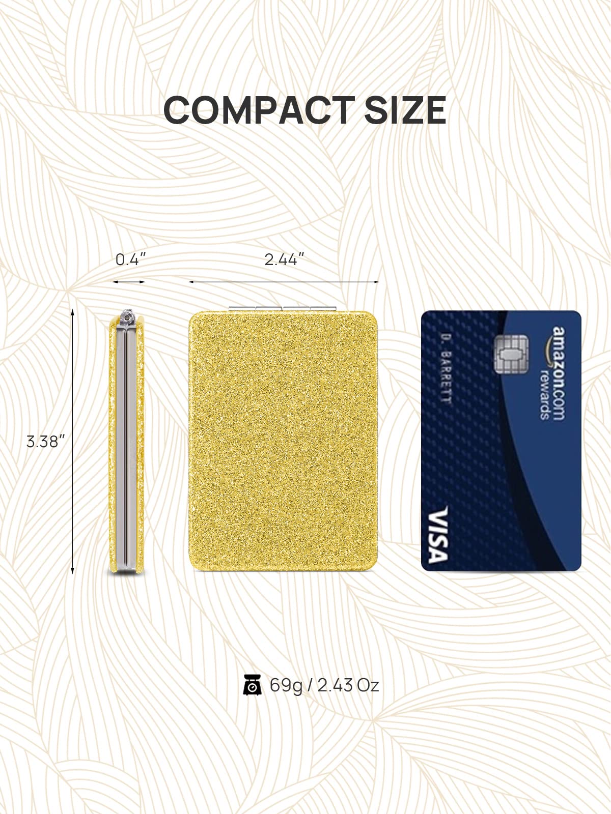 Omiro Compact Mirror, Glitter Pu Leather 1X/3X Magnification, Ultra Portable For Purses, 2.4'' W X 3.4'' L (Gold)