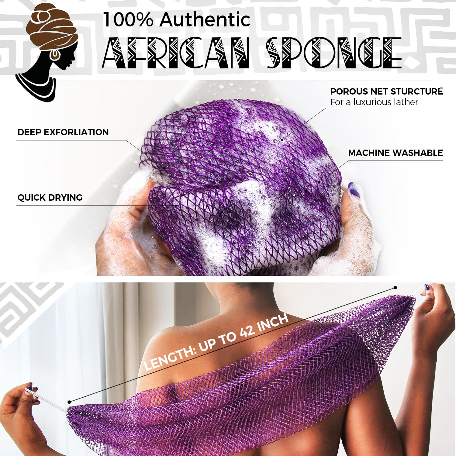 African Net Sponge Authentic - 2 Pieces Real African Loofah Shower Sponges - Body Scrubber Exfoliating Washcloth Purple & Green