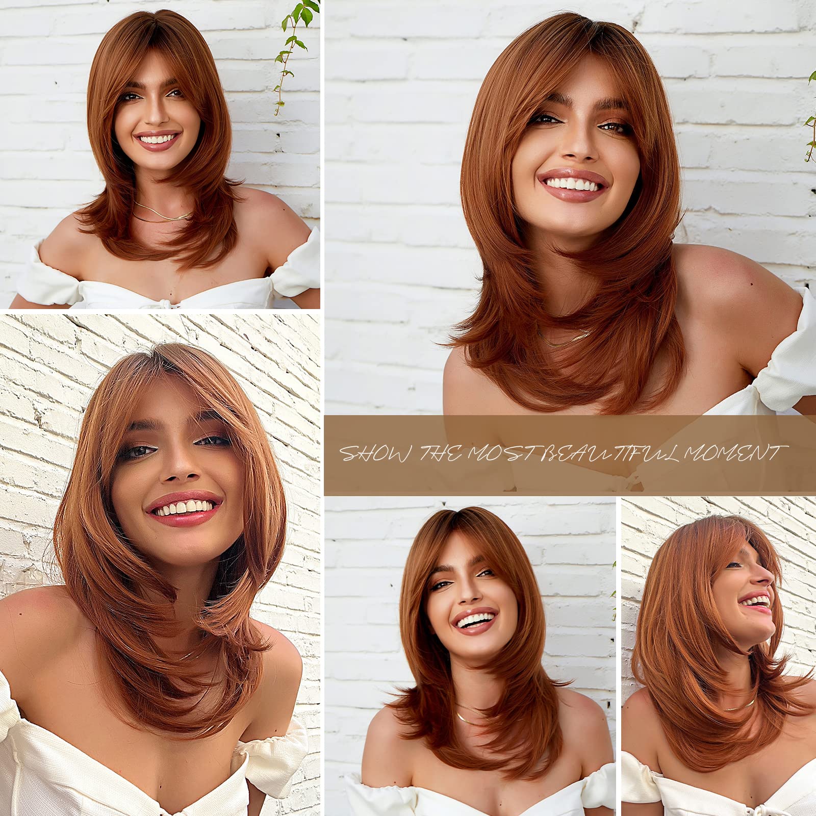 HAIRCUBE Auburn Wigs for Women,Long Layered Orange Wigs with Bangs Heat Resistant Synthetic Fibre Wigs(pelucas de cabello natura