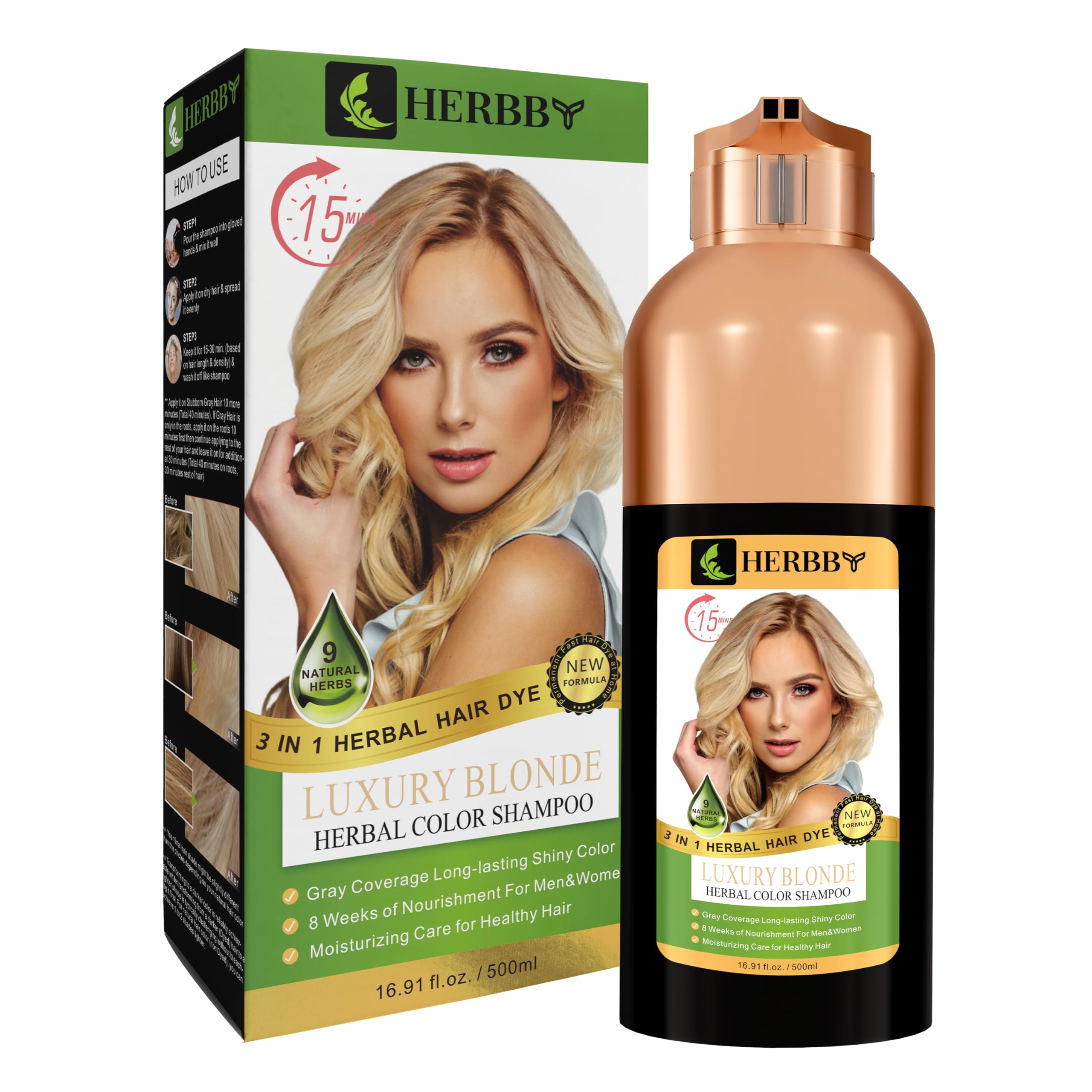 HERBBY Hair Color Shampoo for Gray Hair Coverage&Color Transform with 9 Herbal Extracts -Long Lasting(6-8 Weeks), Shiny,Evenly C
