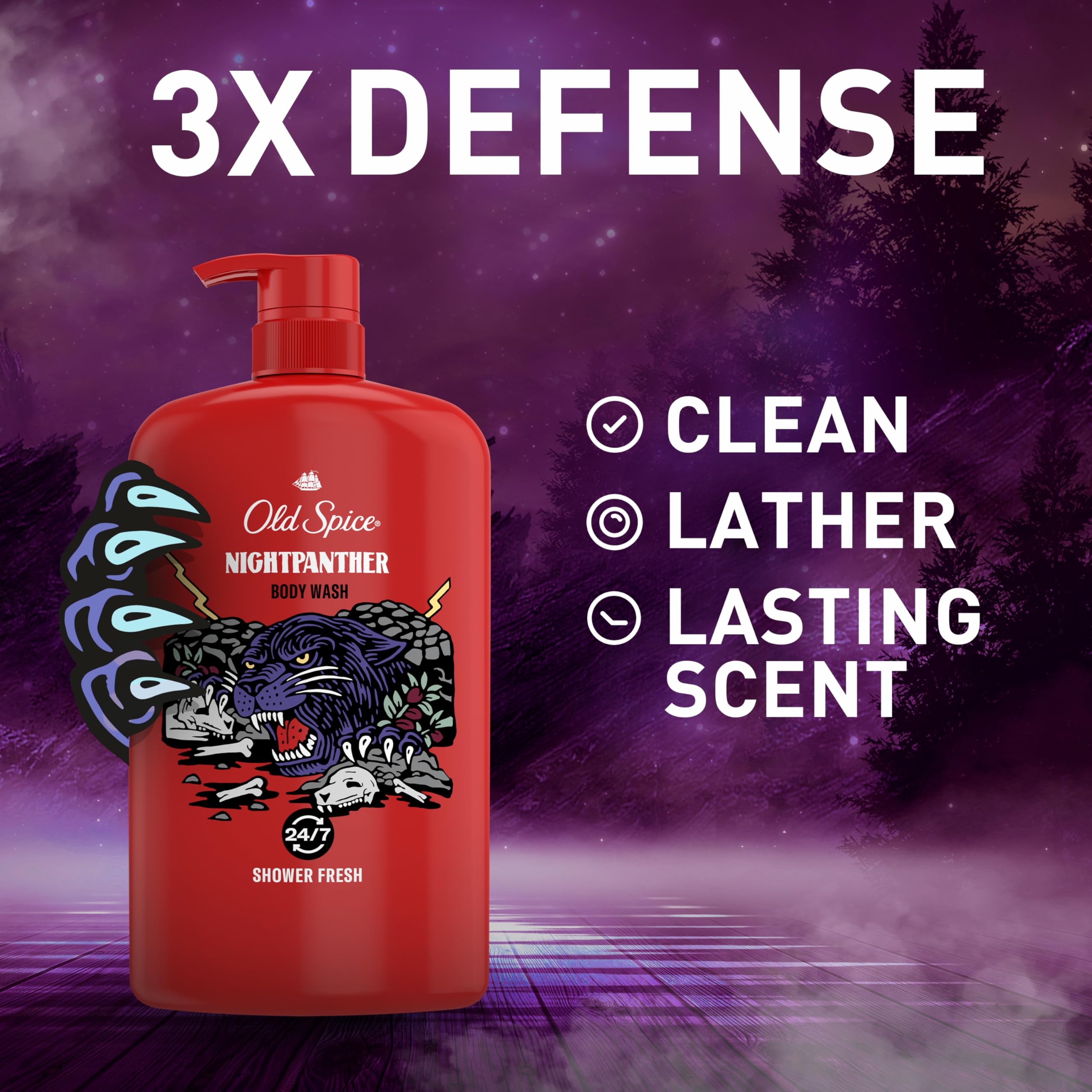 Old Spice Wild Body Wash For Men, 24/7 Shower Fresh, 3X Defense, Long Lasting Lather, Nightpanther Scent, 33.4 Oz